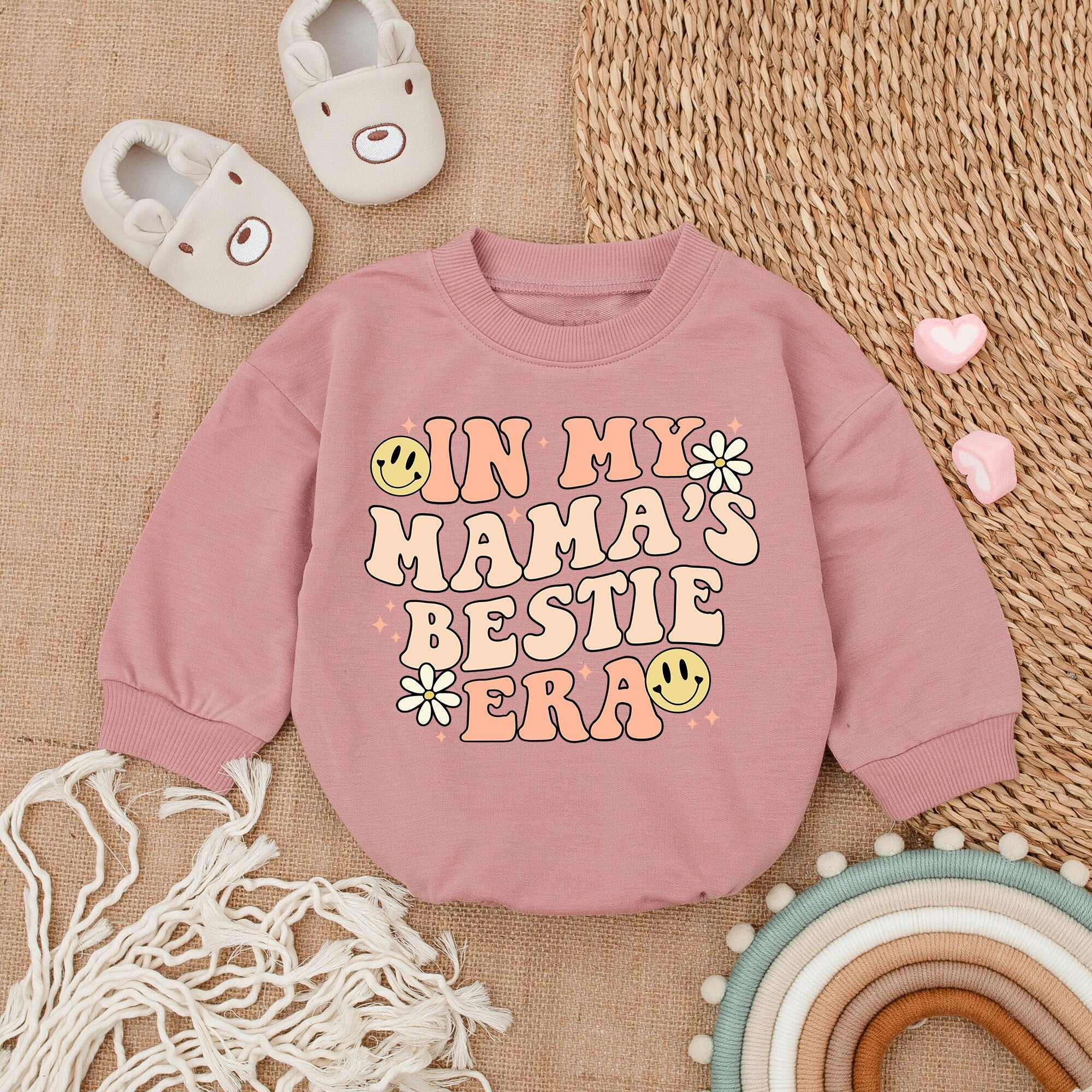 My Mama's Bestie Era Baby Girl Romper with Smiley Faces Retro 70s Design Cotton Comfortable Infant Outfit Ideal for Mother's Day Gift