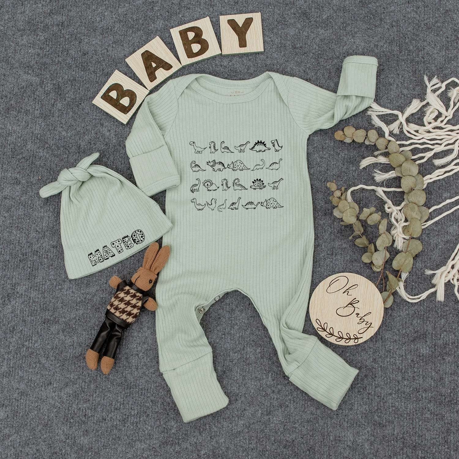 Custom Cute Dinosaur Baby Bodysuit Soft Newborn Outfit Perfect Going Home Keepsake Personalize Name on Hat Minimalist Design