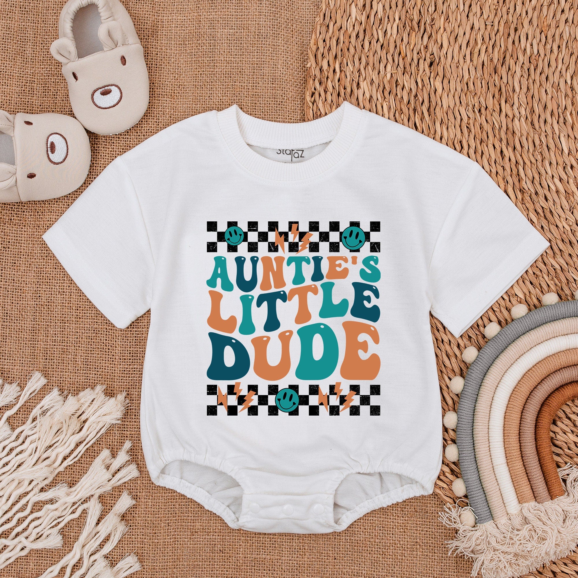 Auntie's Little Dude Baby Romper with Checkered Design