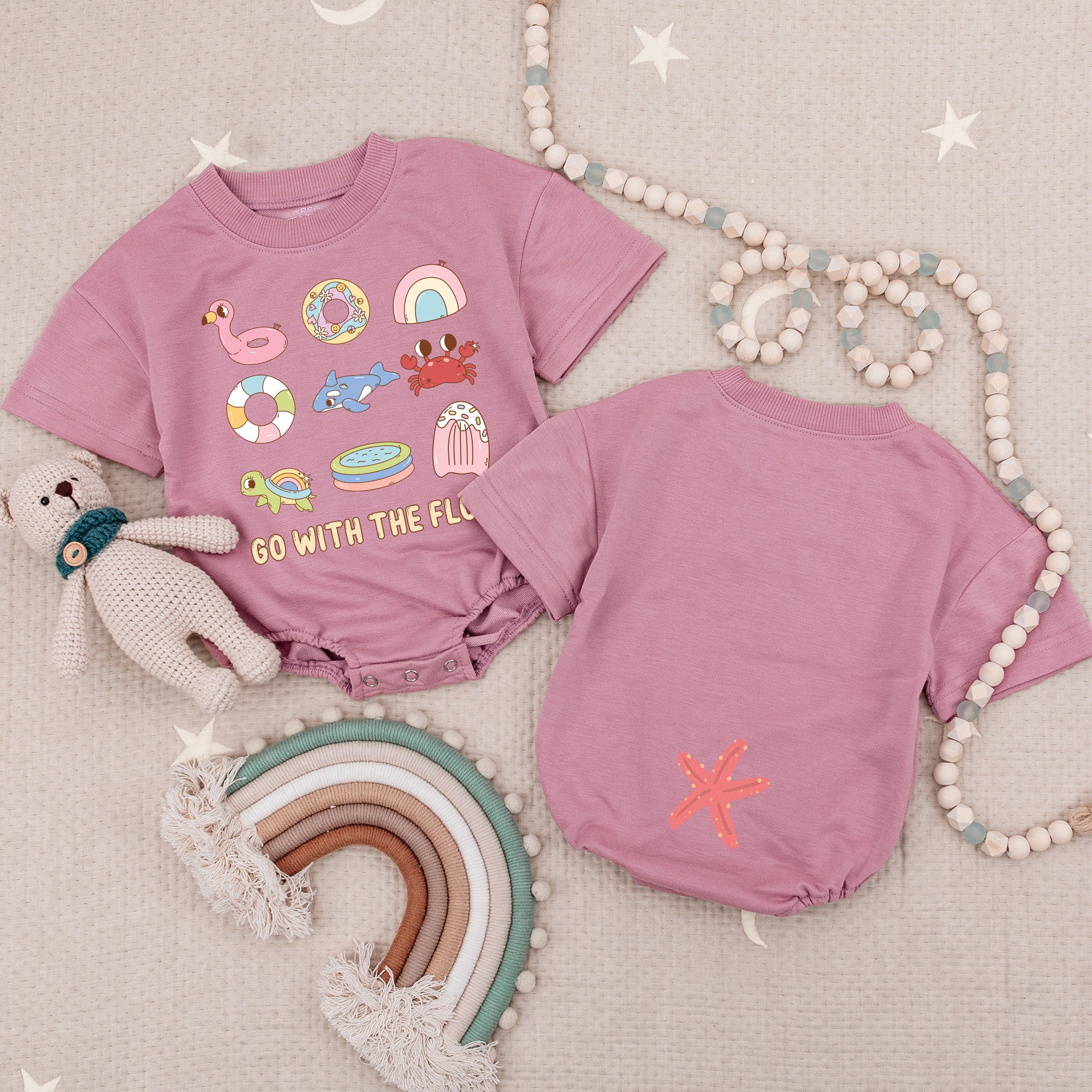 Go With The Float Baby Girl Bubble Romper Summer Beach Outfit Gift Colorful Flamingo Dolphin Crab Design Cotton Playful Baby Shower Present