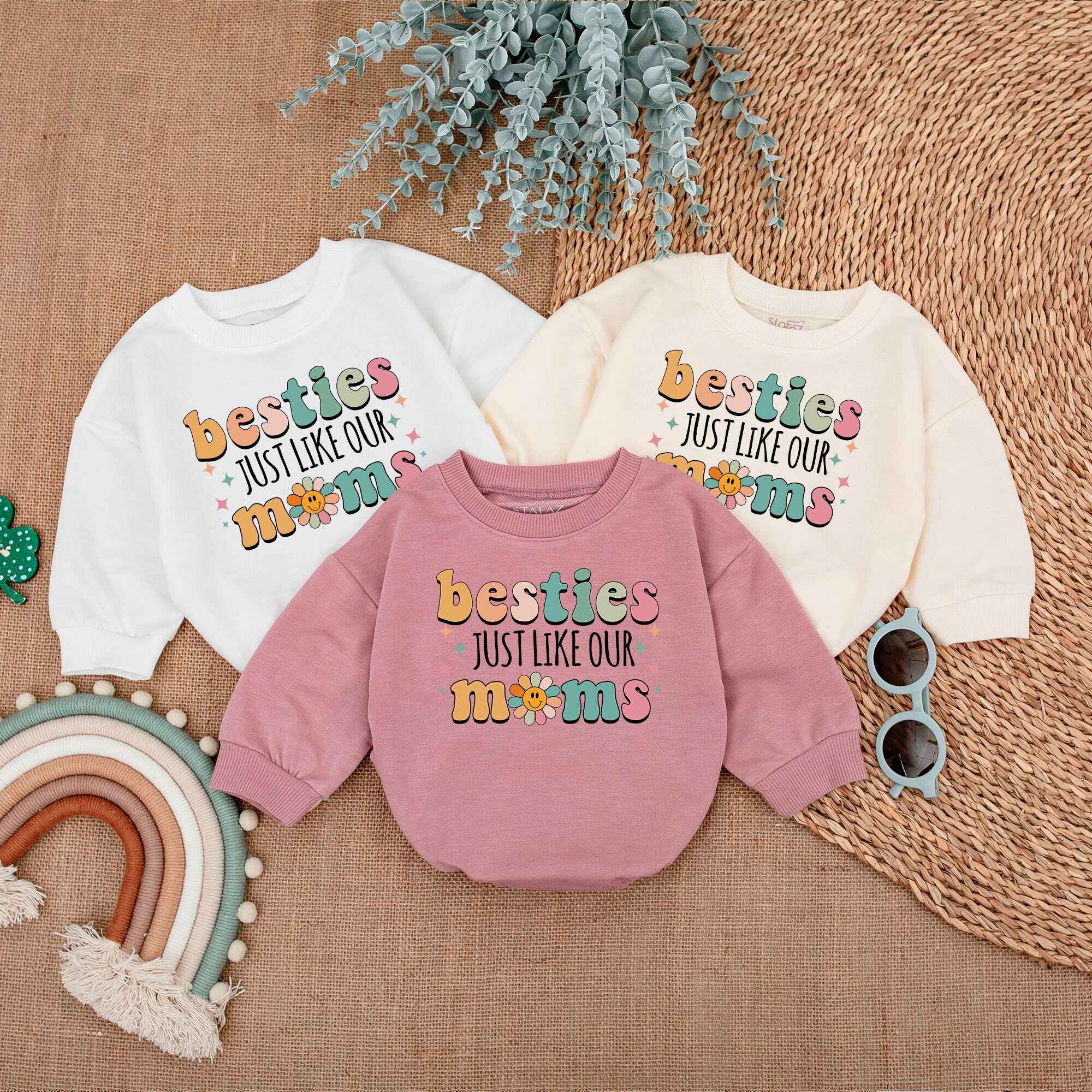Besties Just Like Our Moms Baby Romper Colorful Flower Stars Soft Cotton Infant Outfit Matching Best Friend Baby Clothes