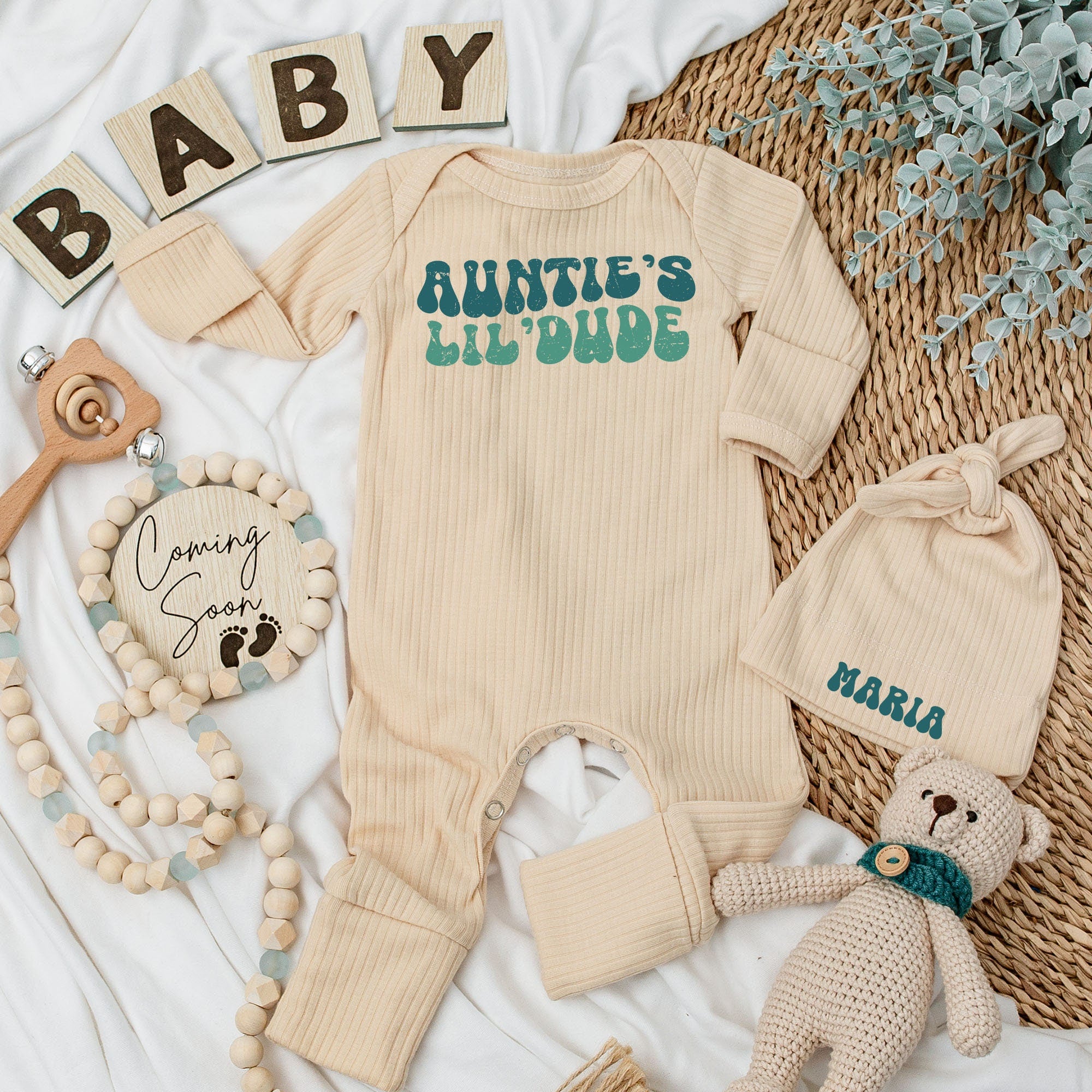 Auntie's Lil' Dude Baby Bodysuit Hat Set Personalized Newborn Outfit Gift Teal Bold Text Cotton Comfortable Long Sleeve Baby Shower