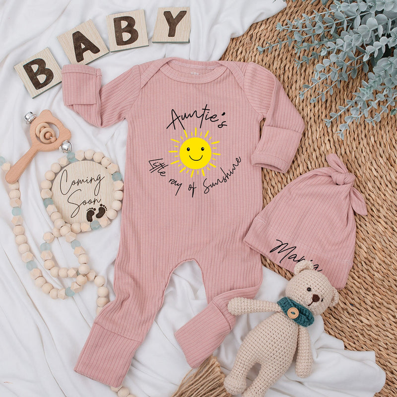 Auntie's Little Ray of Sunshine Baby Bodysuit and Hat Set Newborn Gift Cotton Long Sleeve Outfit Personalized Name Option