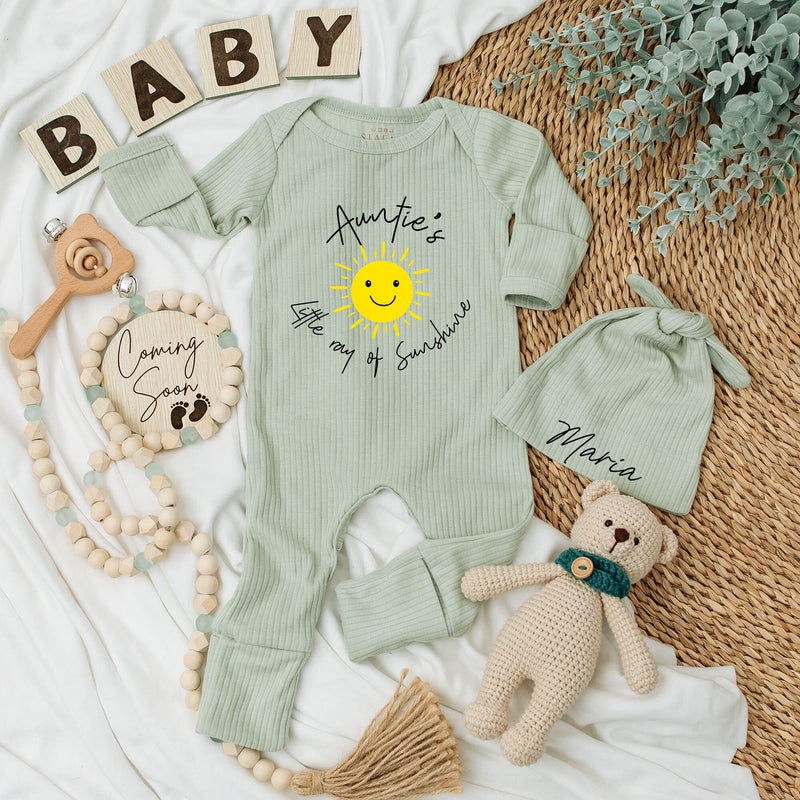 Auntie's Little Ray of Sunshine Baby Bodysuit and Hat Set Newborn Gift Cotton Long Sleeve Outfit Personalized Name Option