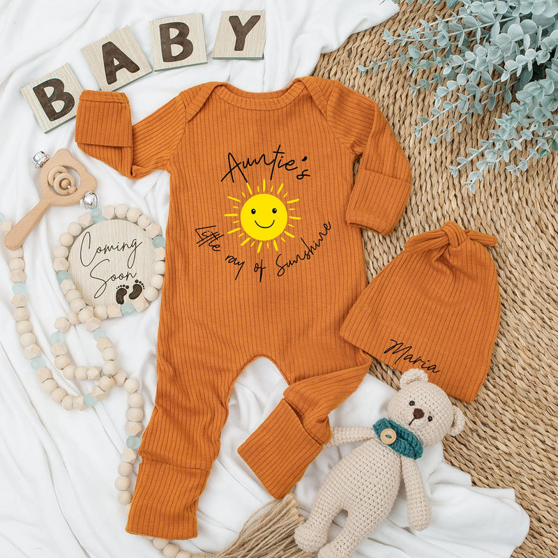 Auntie's Little Ray of Sunshine Baby Bodysuit and Hat Set Newborn Gift Cotton Long Sleeve Outfit Personalized Name Option