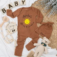 Auntie's Little Ray of Sunshine Baby Bodysuit and Hat Set Newborn Gift Cotton Long Sleeve Outfit Personalized Name Option