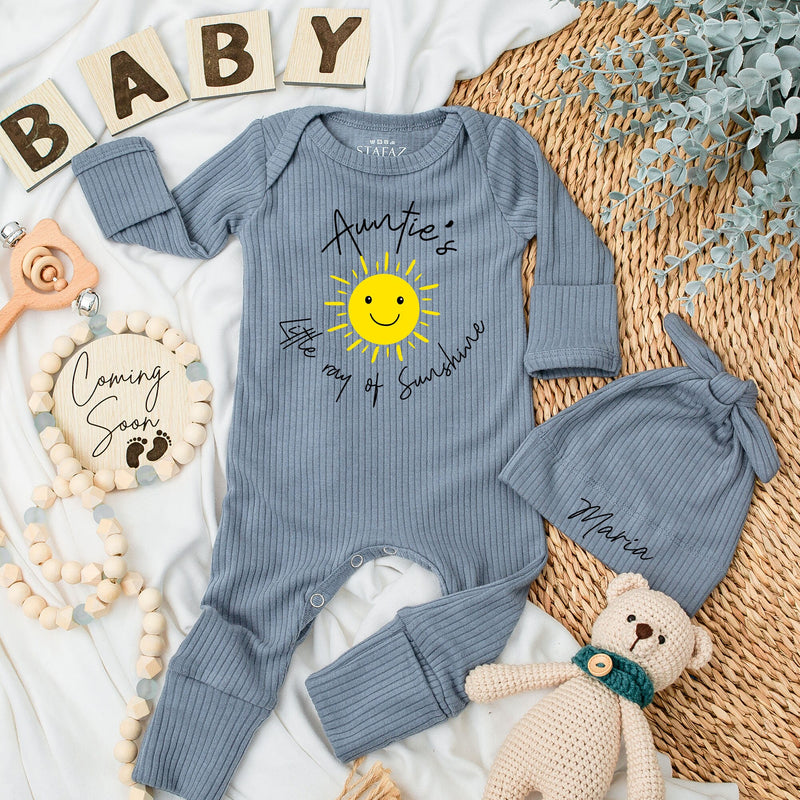 Auntie's Little Ray of Sunshine Baby Bodysuit and Hat Set Newborn Gift Cotton Long Sleeve Outfit Personalized Name Option