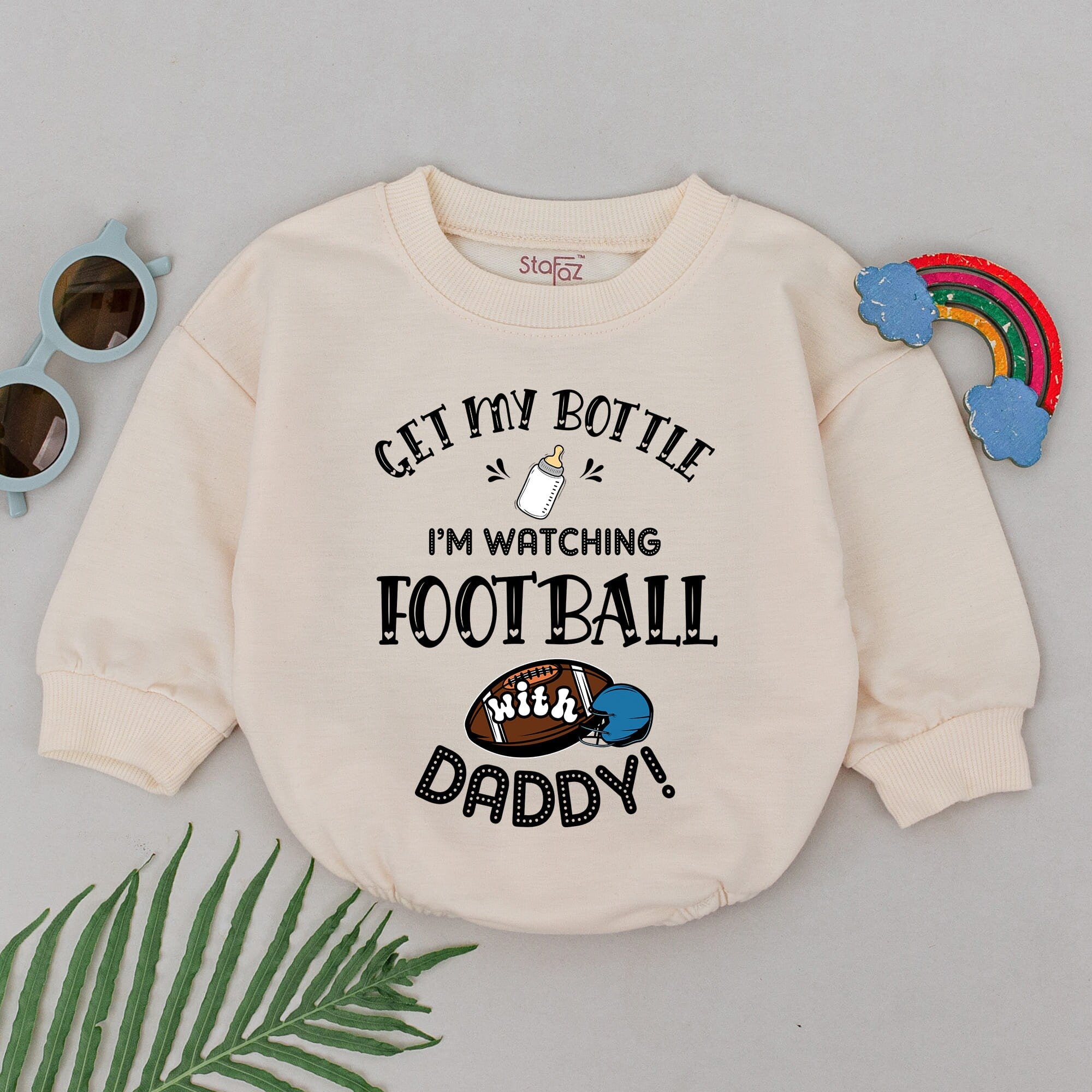 Get My Bottle I'm Watching Football With Daddy Romper Baby Boy Gift Outfit Father's Day Soft Cotton Playful Sports Design