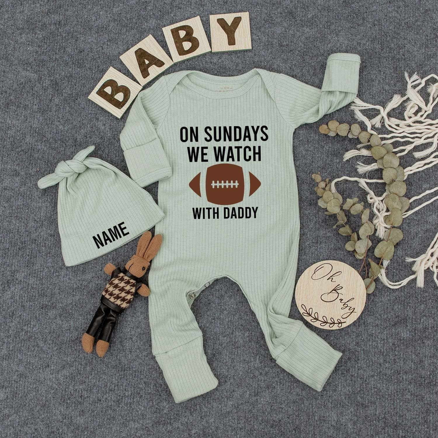 Custom Baby Romper ON SUNDAYS WE WATCH WITH DADDY Outfit Newborn Gift Brown Football Hat Soft Cotton Playful Family Clothes