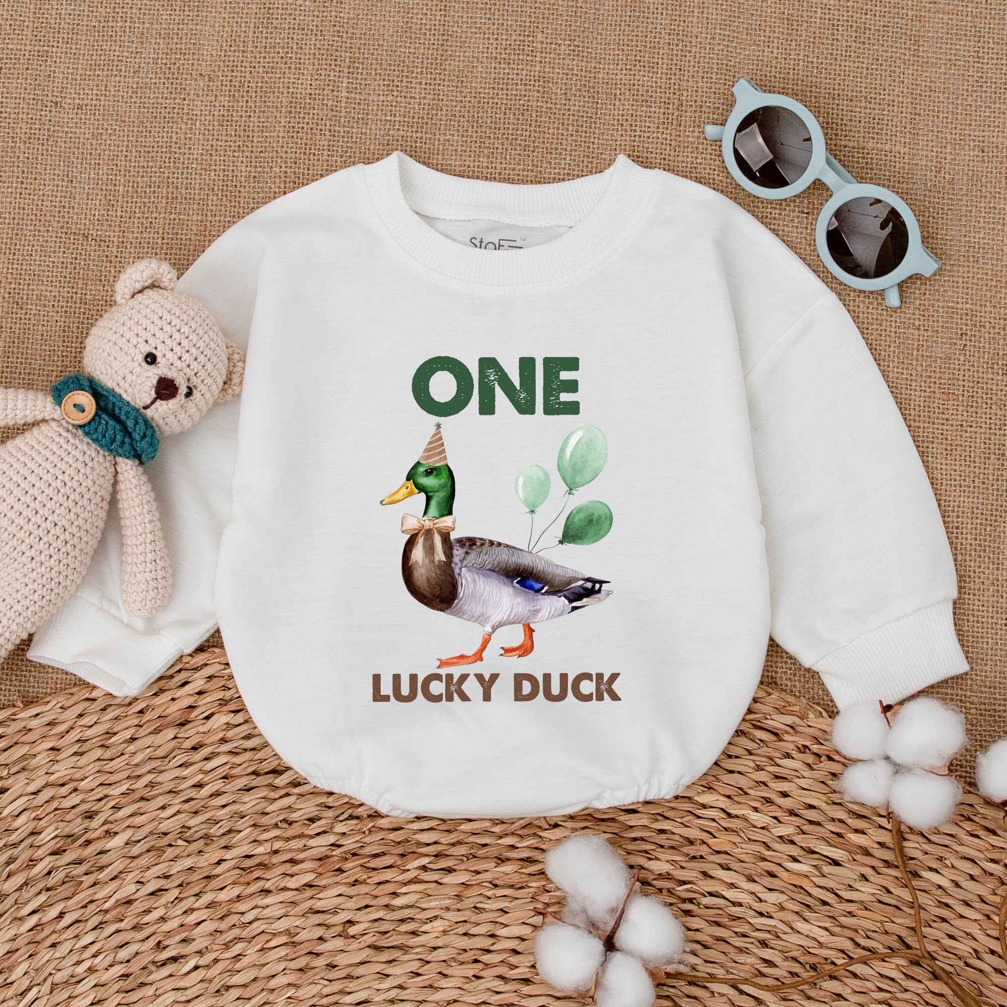 One Lucky Duck Mallard Romper Baby Bodysuit with Balloons Birthday Outfit Soft Cotton Infant Toddler Playful Animal Design Gift