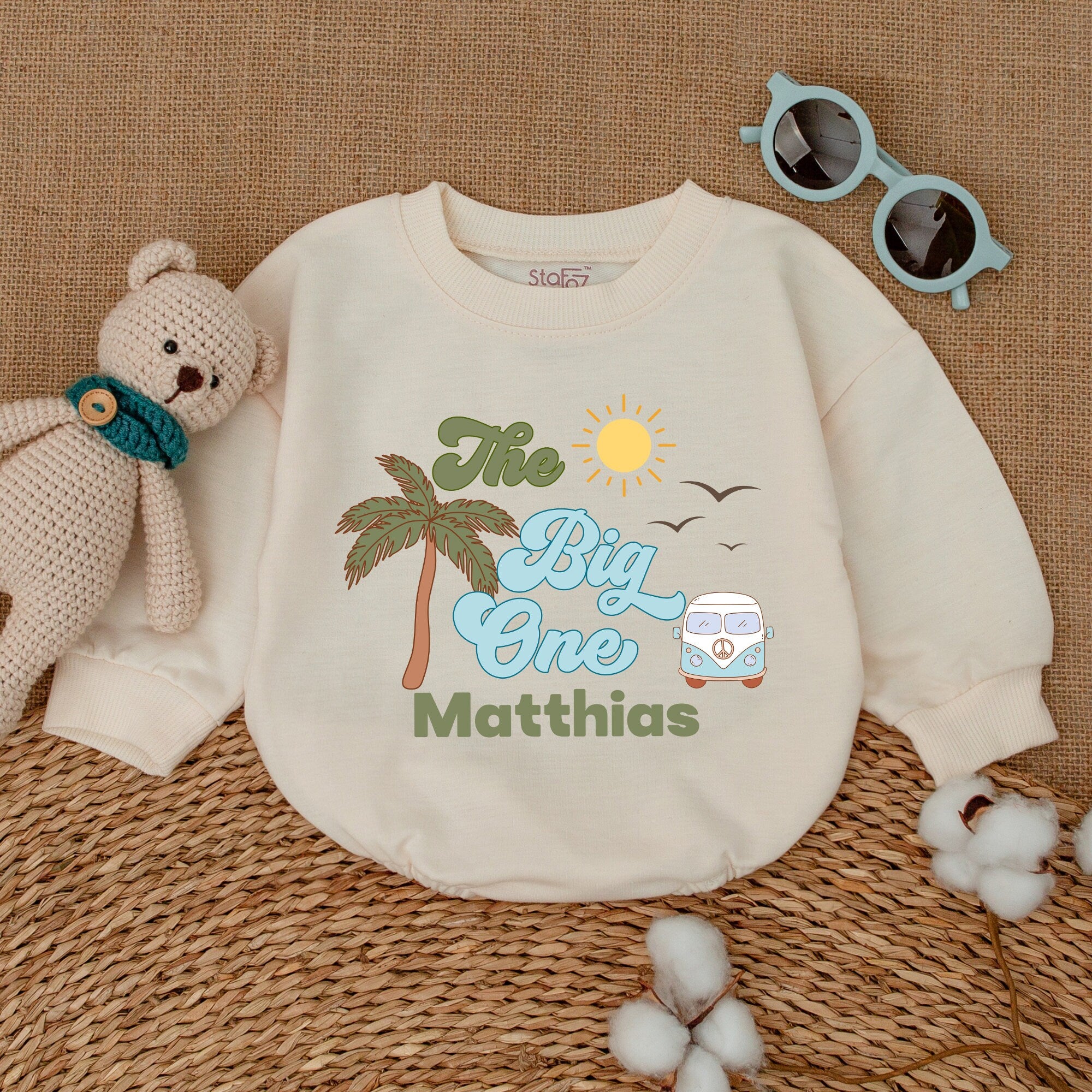 Custom The Big One Romper Surf Beach Birthday Outfit Baby Boy Girl 1st Birthday Celebration Palm Tree Retro Van Sun Smash Cake Outfit