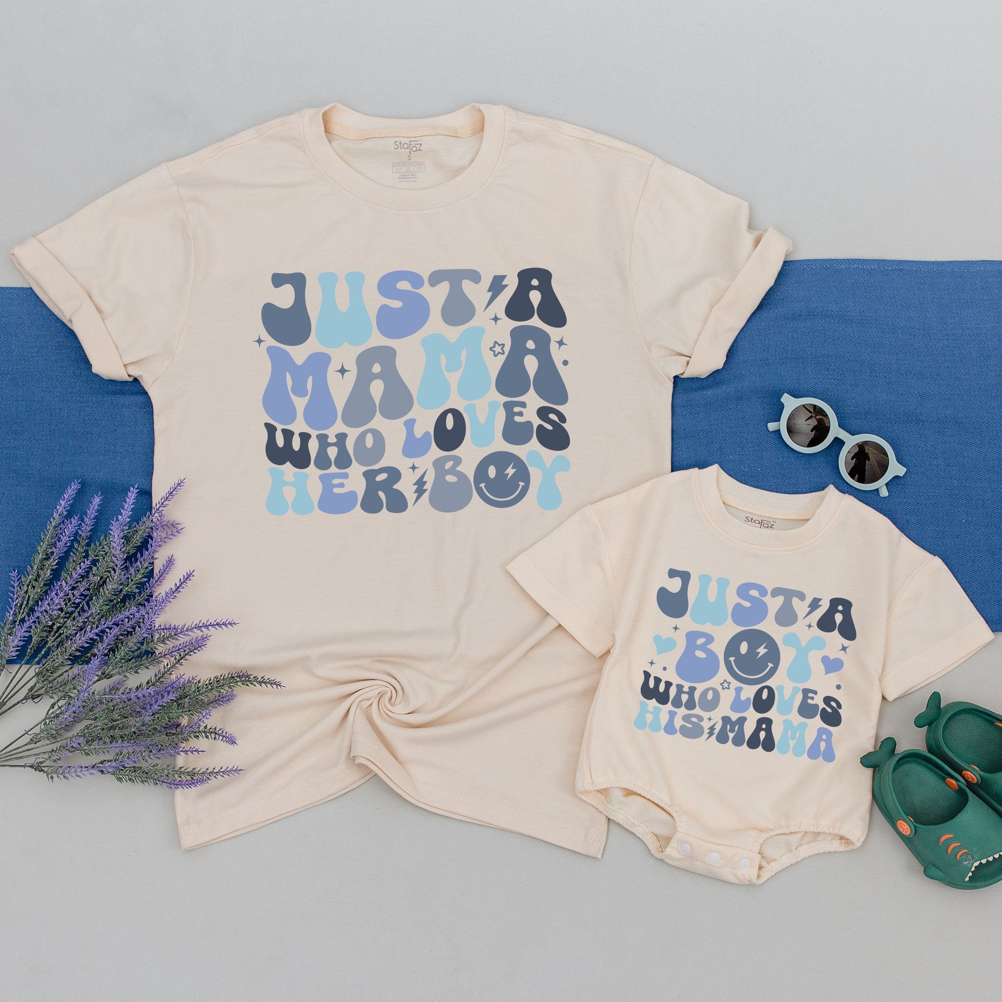 Just A Mama Who Loves Her Boy Matching Shirts Soft Cotton Mother Son Outfit Fun Gift First Mother's Day Blue Gray Design