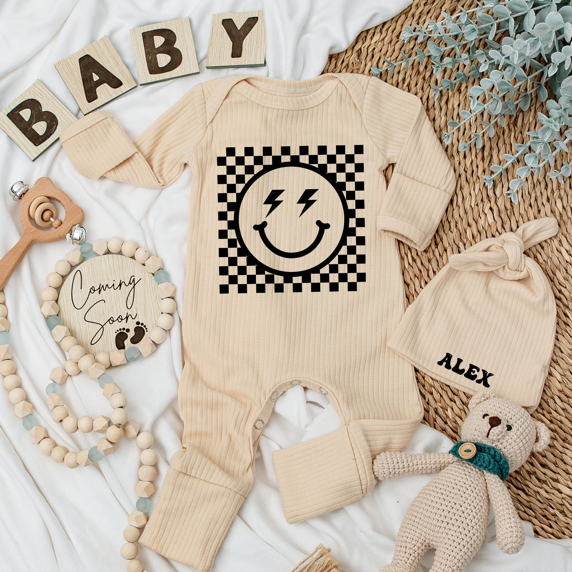 Retro Smiley Face Baby Bodysuit & Hat Set with Name