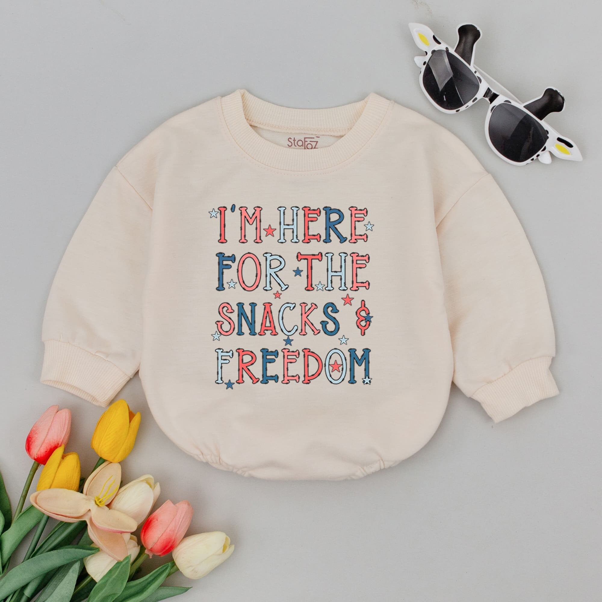 Patriotic Baby Romper: Snacks & Freedom July 4th Outfit