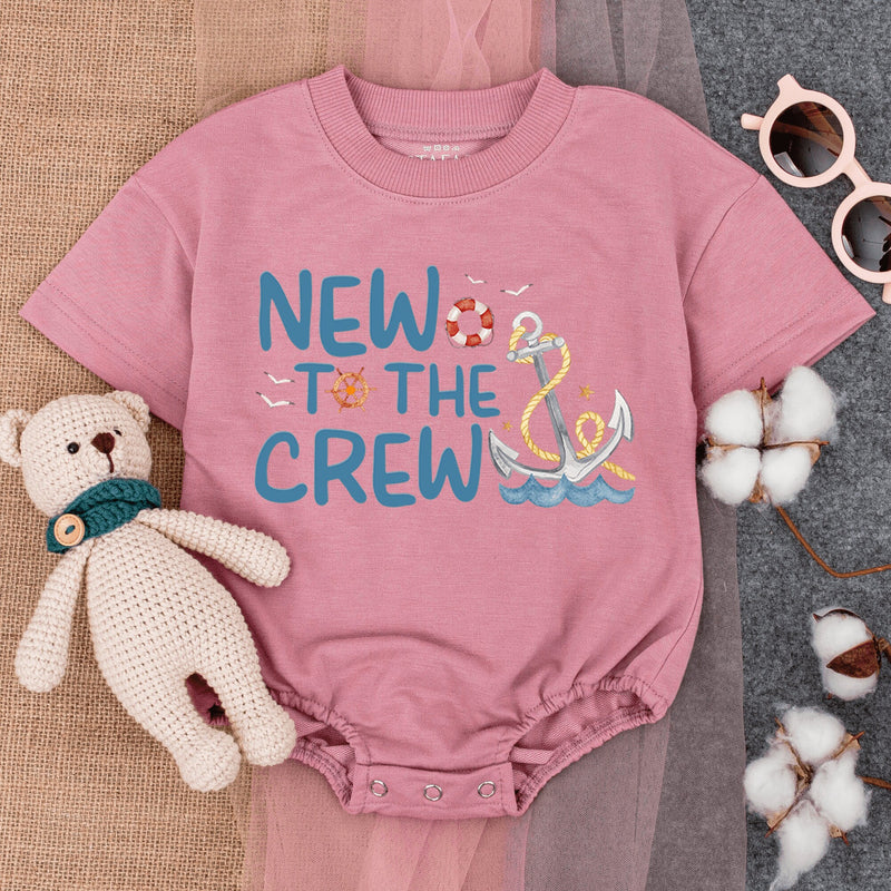 New To the Crew Baby Romper with Anchor Waves Design Summer Beach Outfit Soft Cotton Short Sleeve Infant Gift Blue Yellow Orange