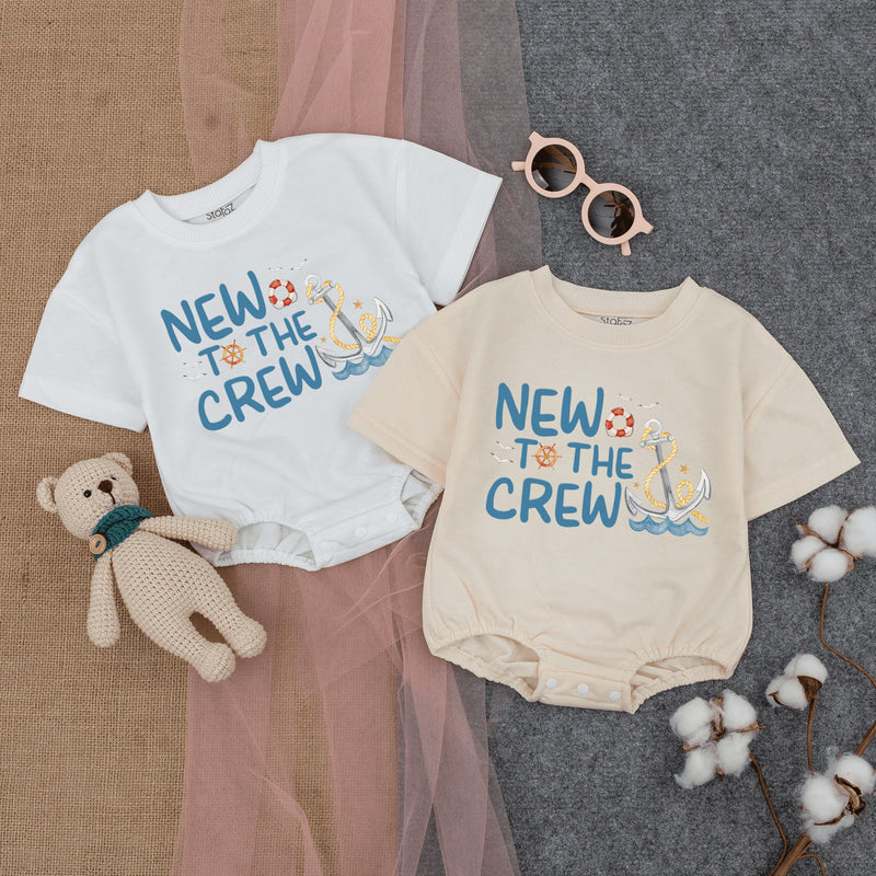 New To the Crew Baby Romper with Anchor Waves Design Summer Beach Outfit Soft Cotton Short Sleeve Infant Gift Blue Yellow Orange