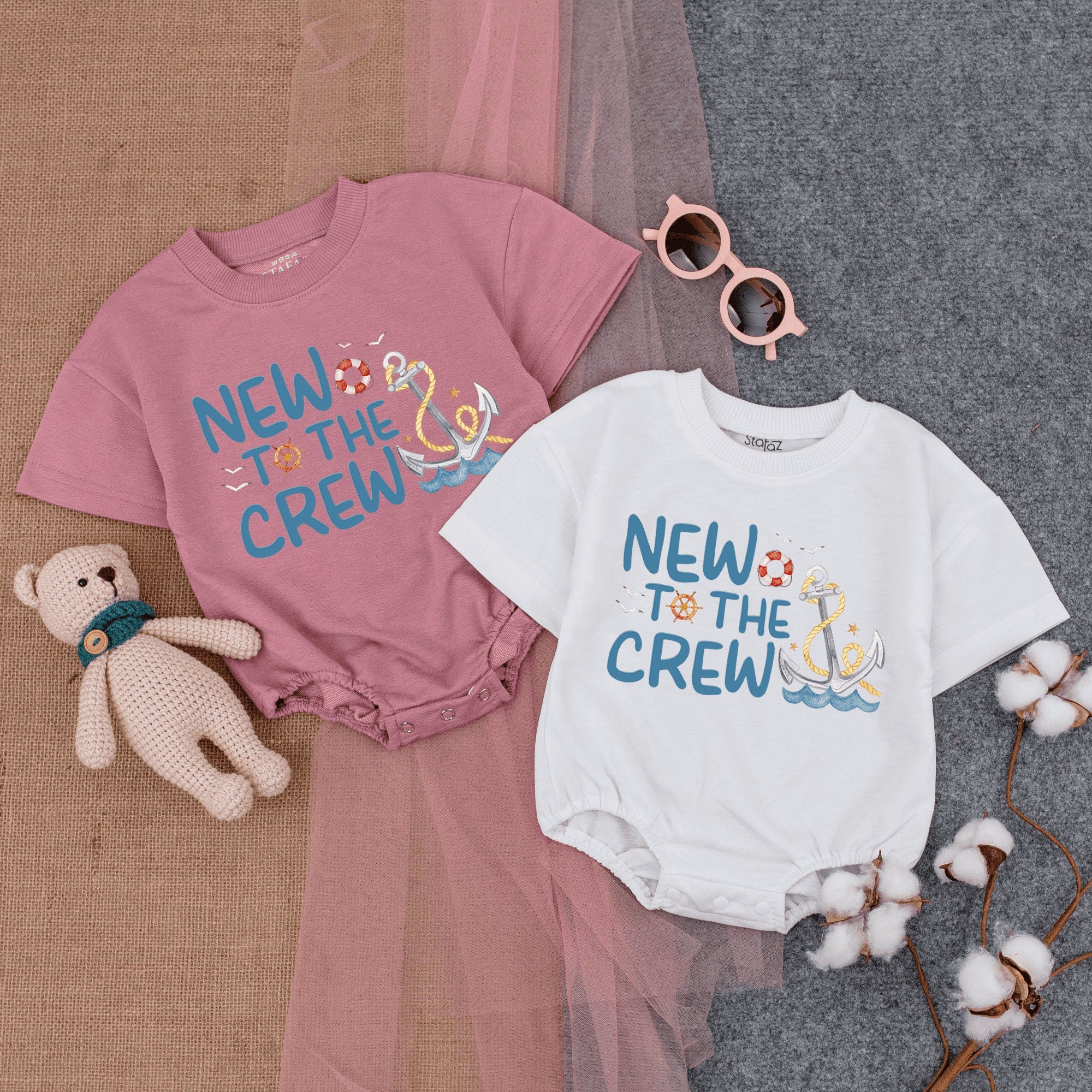 New To the Crew Baby Romper with Anchor Waves Design Summer Beach Outfit Soft Cotton Short Sleeve Infant Gift Blue Yellow Orange