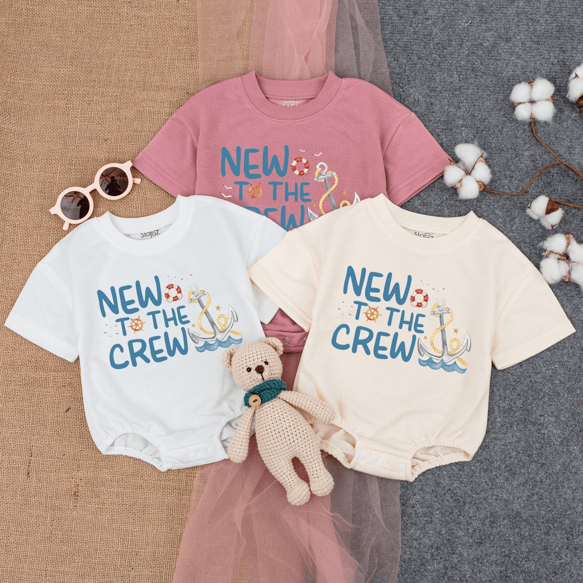 New To the Crew Baby Romper with Anchor Waves Design Summer Beach Outfit Soft Cotton Short Sleeve Infant Gift Blue Yellow Orange