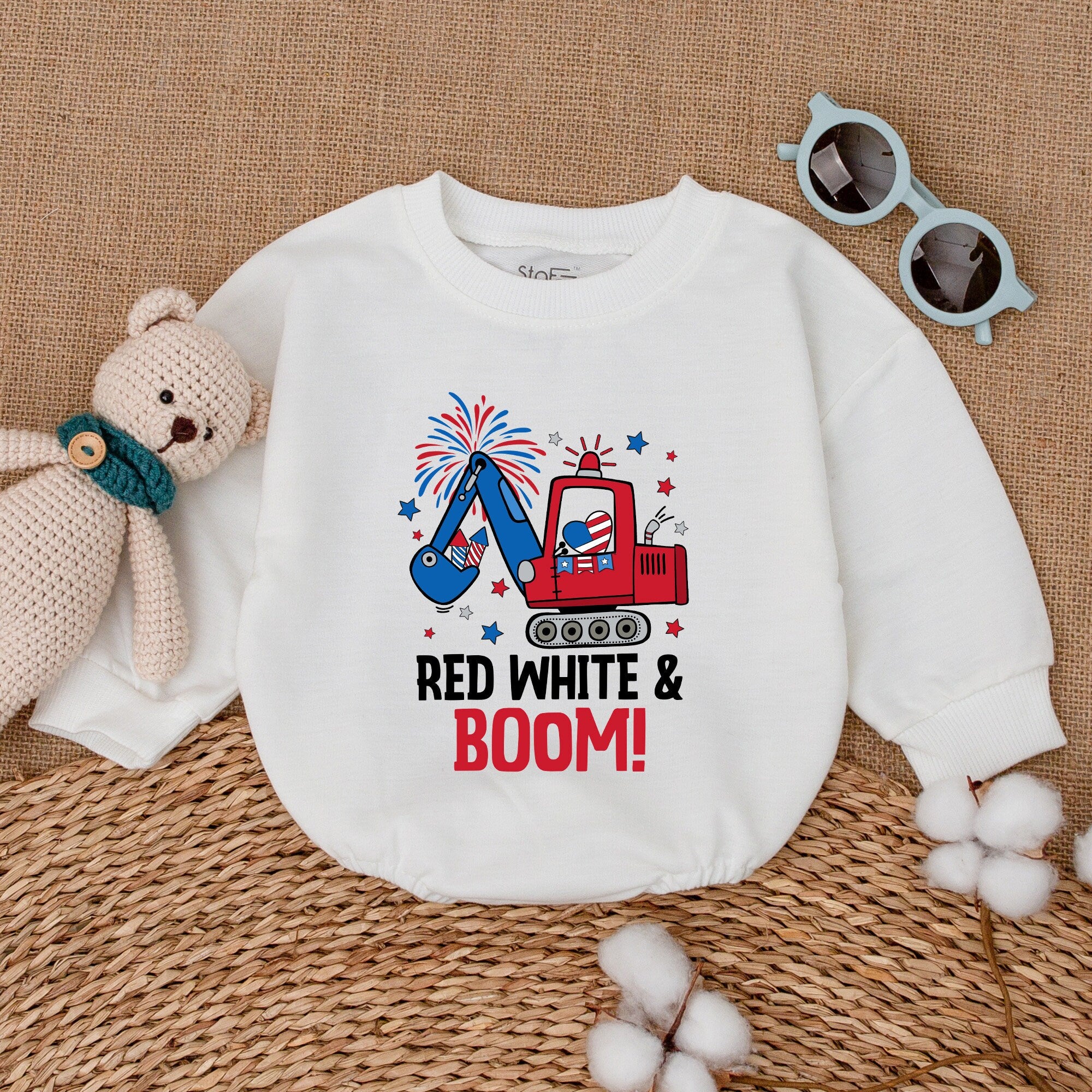 Red White & Boom Patriotic Excavator Baby Romper 4th of July Outfit Toddler Infant Holiday Boys Girls Stars Fireworks Cotton Soft