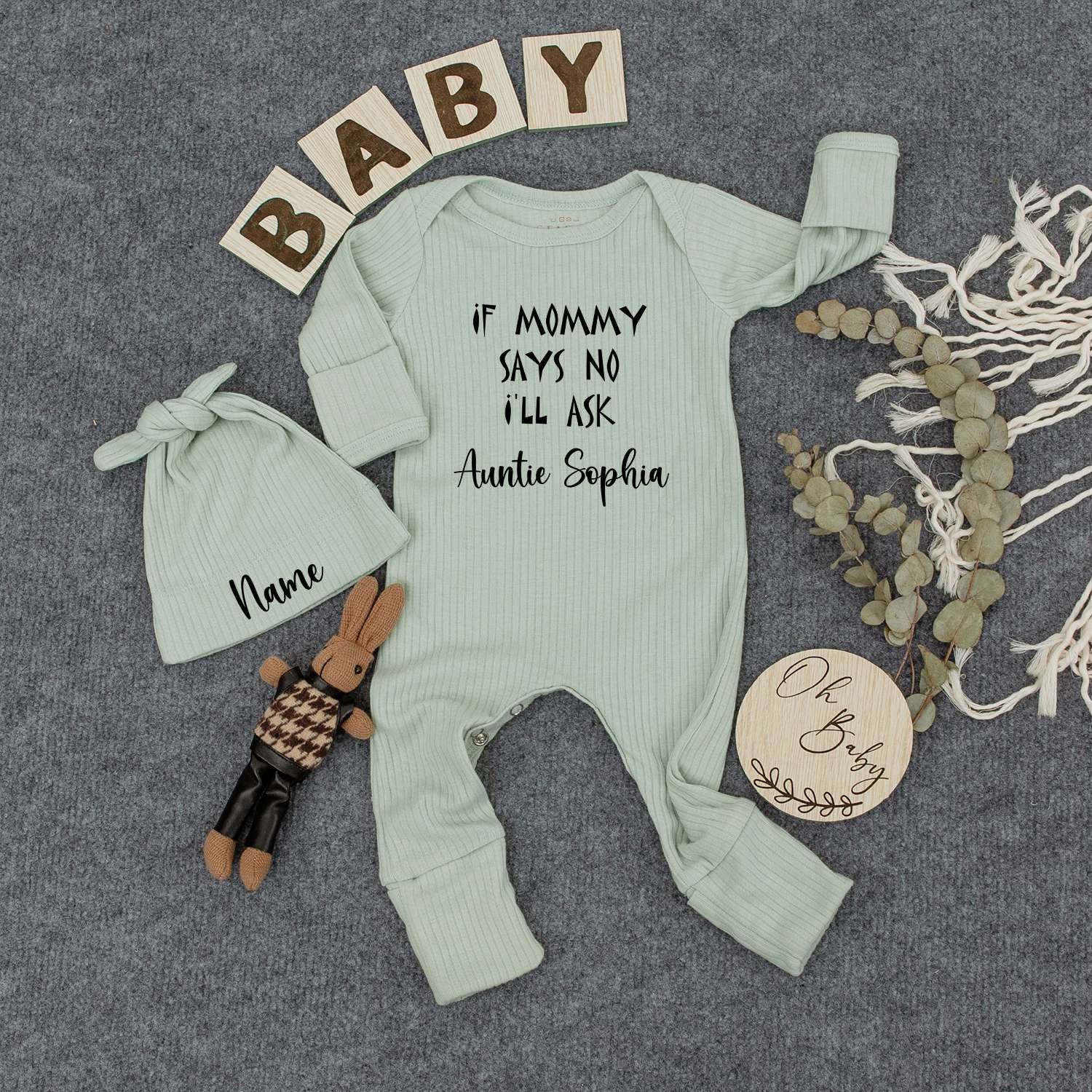 If Mommy Says No I'll Ask Auntie Sophia Custom Baby Bodysuit and Hat Cute Infant Outfit Gift for Newborn Soft Cotton Keepsake