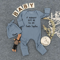 If Mommy Says No I'll Ask Auntie Sophia Custom Baby Bodysuit and Hat Cute Infant Outfit Gift for Newborn Soft Cotton Keepsake