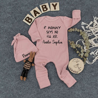 If Mommy Says No I'll Ask Auntie Sophia Custom Baby Bodysuit and Hat Cute Infant Outfit Gift for Newborn Soft Cotton Keepsake