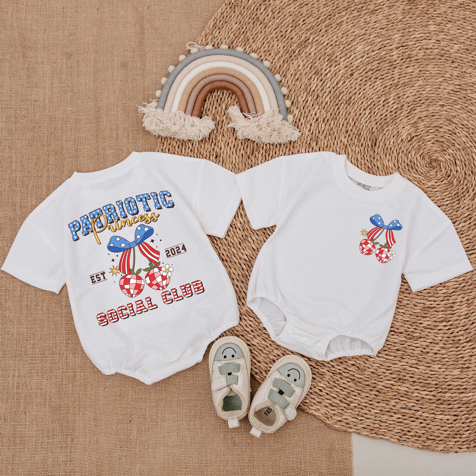 Patriotic Baby Girl Romper with Stars and Stripes Bow Retro Americana 4th of July Outfit Soft Cotton Newborn Bodysuit Holiday Gift