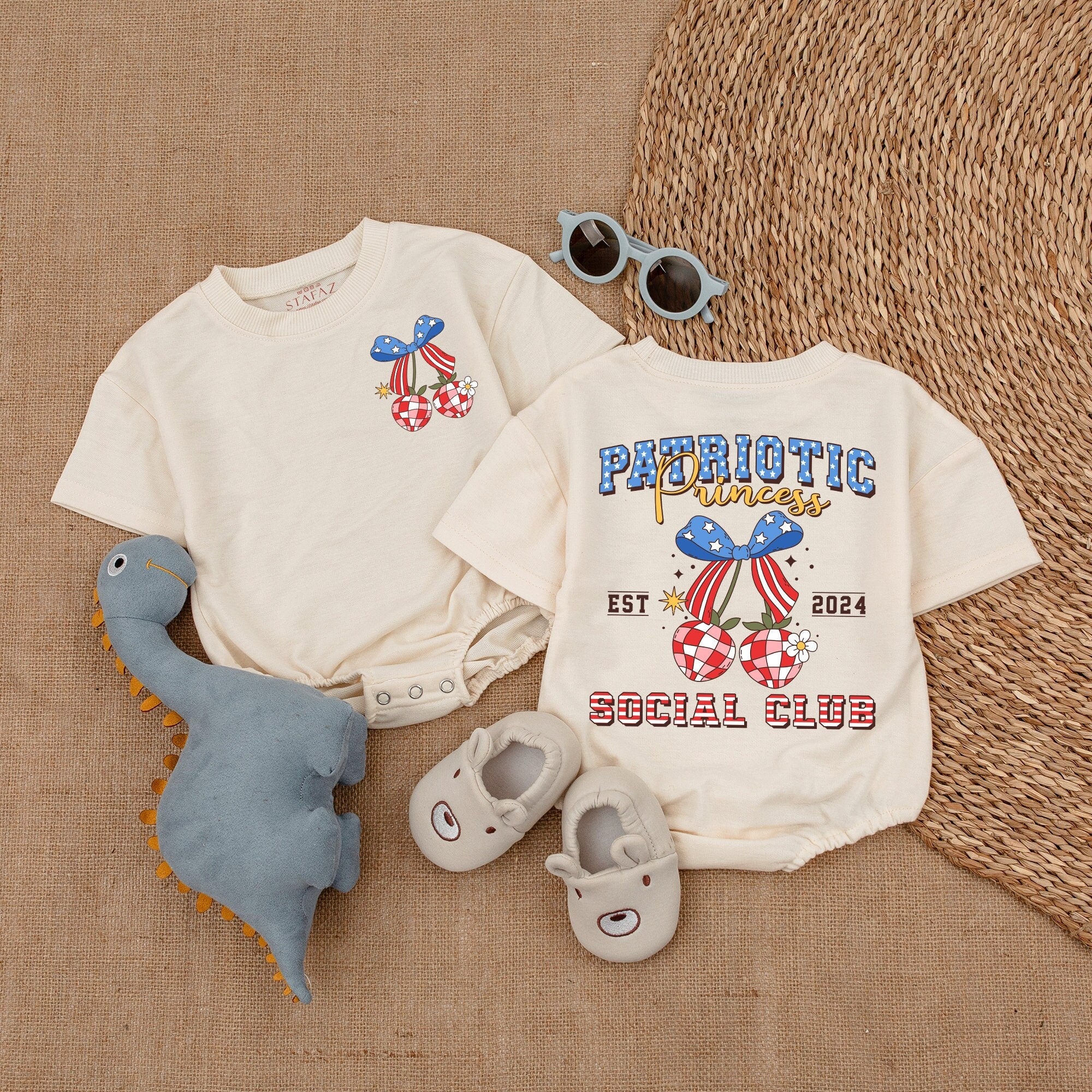 Patriotic Baby Girl Romper with Stars and Stripes Bow Retro Americana 4th of July Outfit Soft Cotton Newborn Bodysuit Holiday Gift