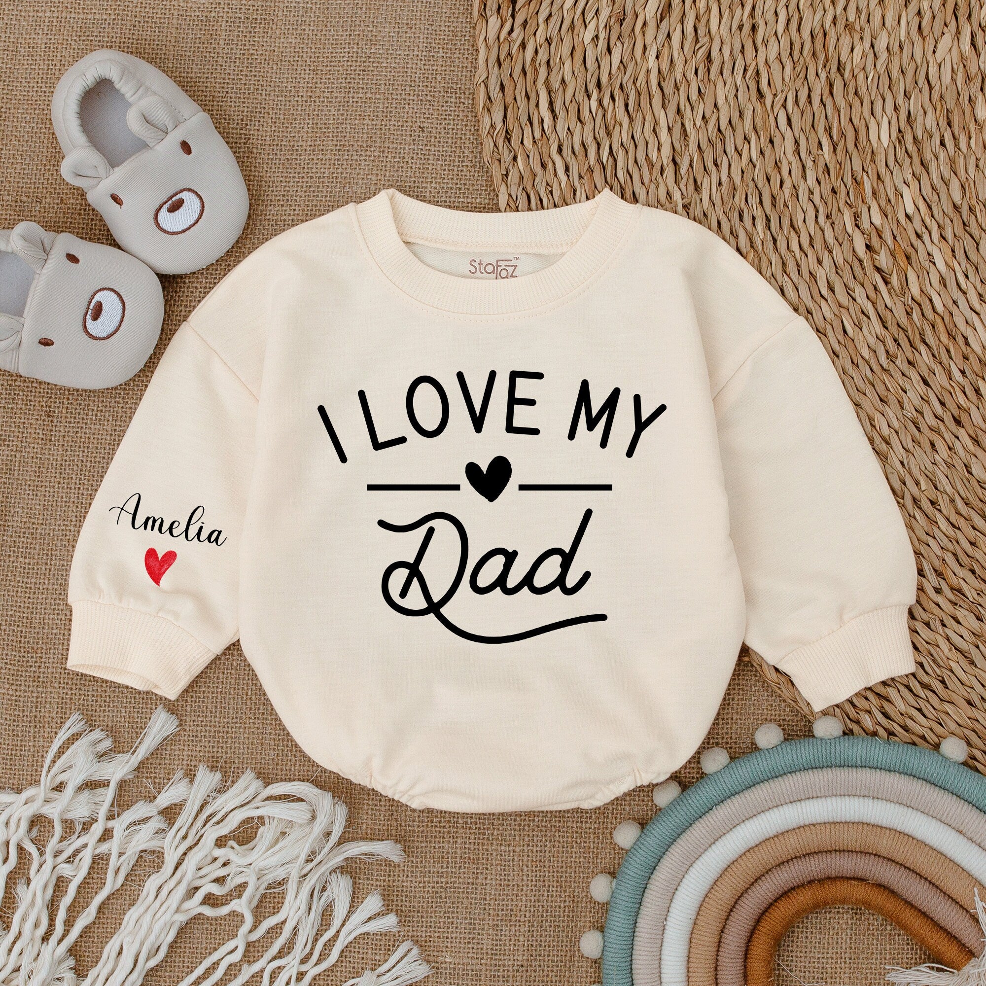 I Love My Dad Baby Girl Romper Custom Name Sleeve Heart Design Gift Soft Cotton Outfit for Daddy's Girl Baby Shower Birthday