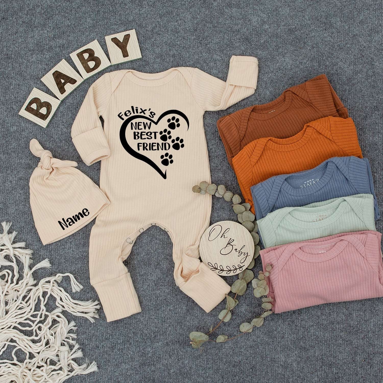 Custom Baby Bodysuit and Hat with Heart Paw Print Felix's New Best Friend Dog Lovers Newborn Gift Personalized Name Outfit