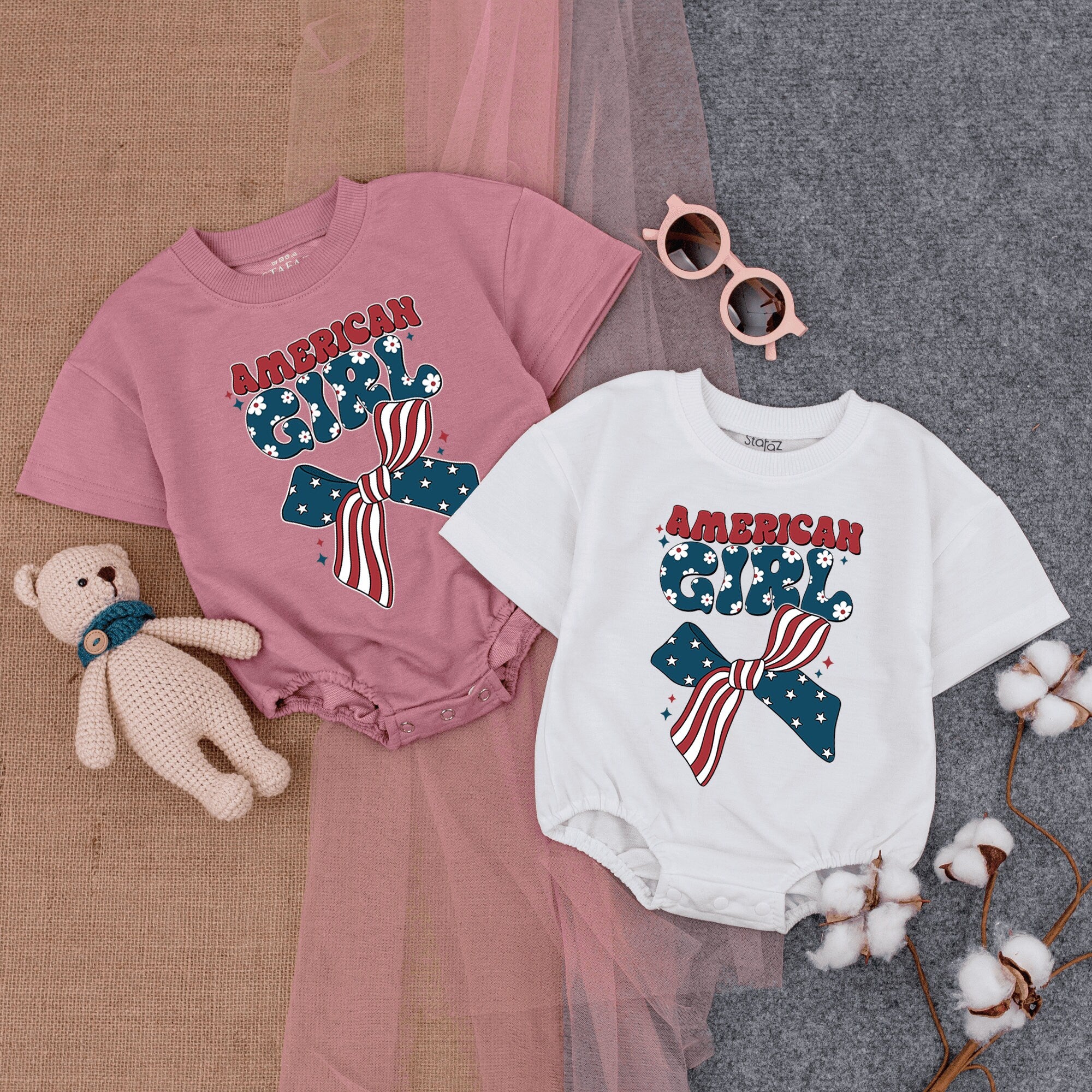 American Girl Retro Bubble Romper Patriotic Stars and Bow Design Soft Cotton Fourth of July Infant Outfit Vintage Style Baby Wear