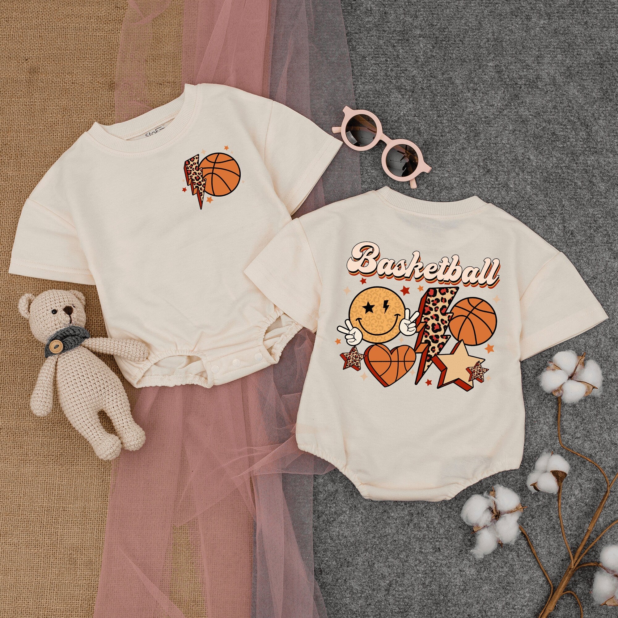 Retro Basketball Baby Romper with Leopard Print Fun Design Soft Cotton Playful Outfit for Game Day Infant Boy or Girl Sports Season