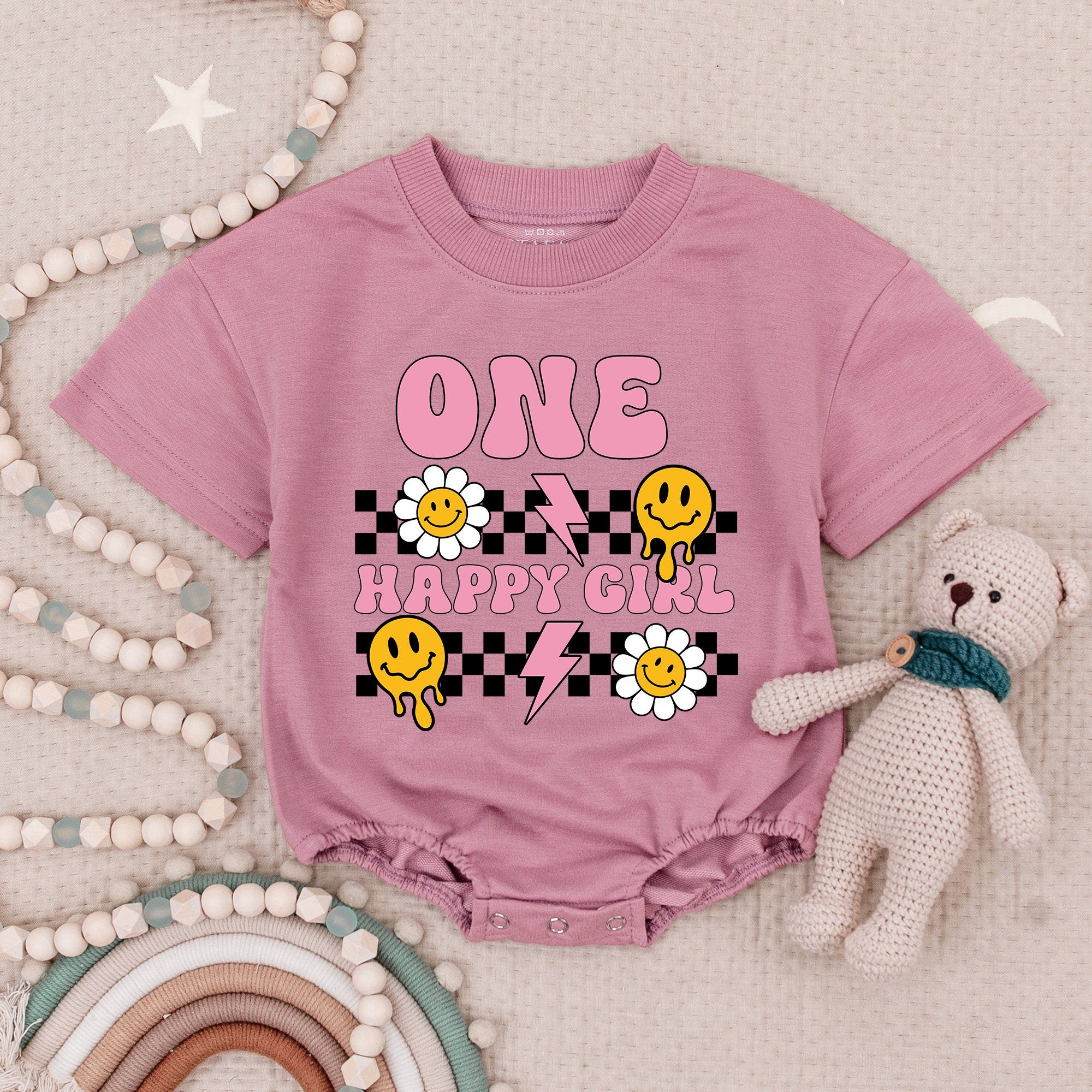 One Happy Girl Birthday Romper with Smiles & Daisies
