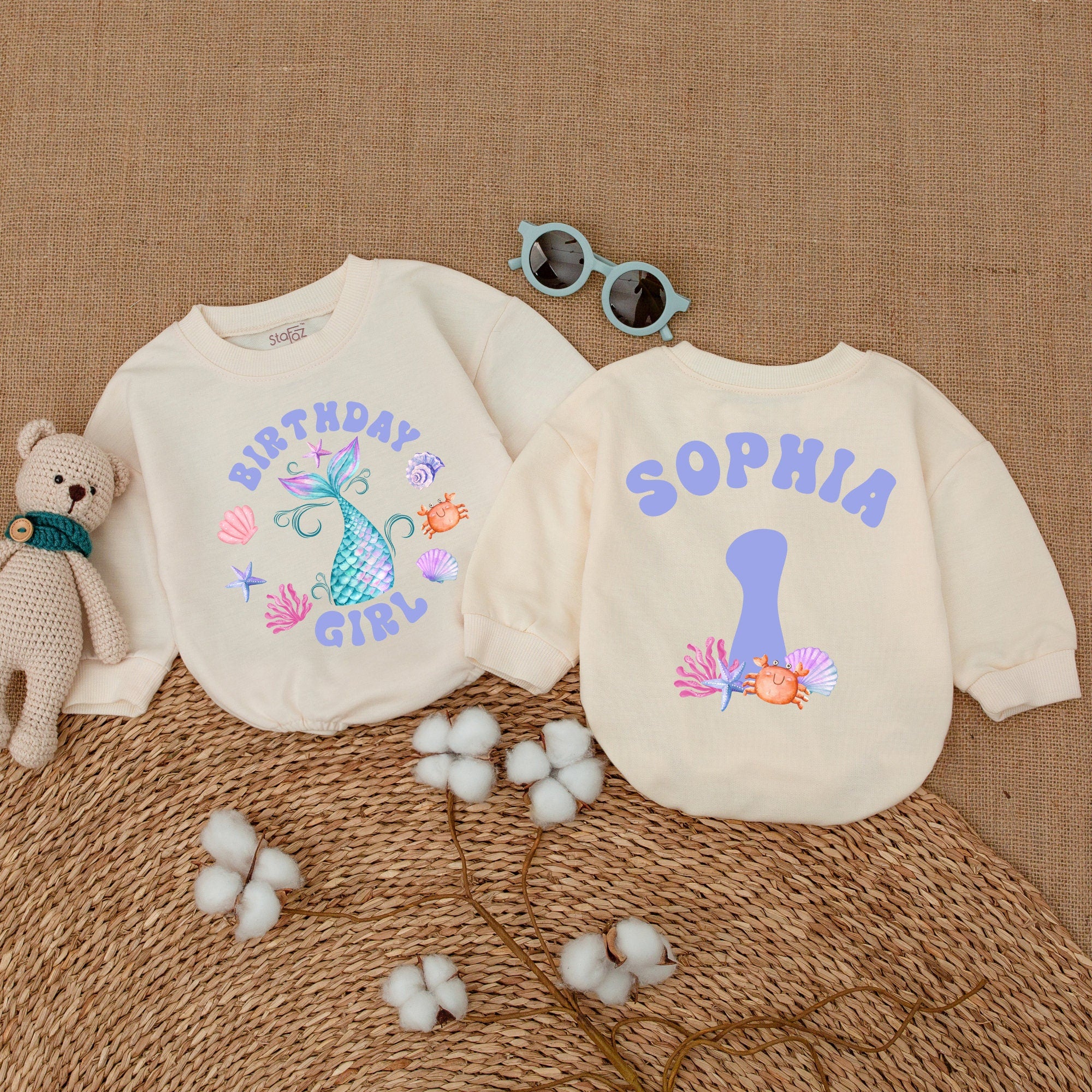 Custom Mermaid Birthday Romper for Girls with Whimsical Tail Design Personalized Name Soft Cotton Infants Toddlers Celebratory Party Outfit