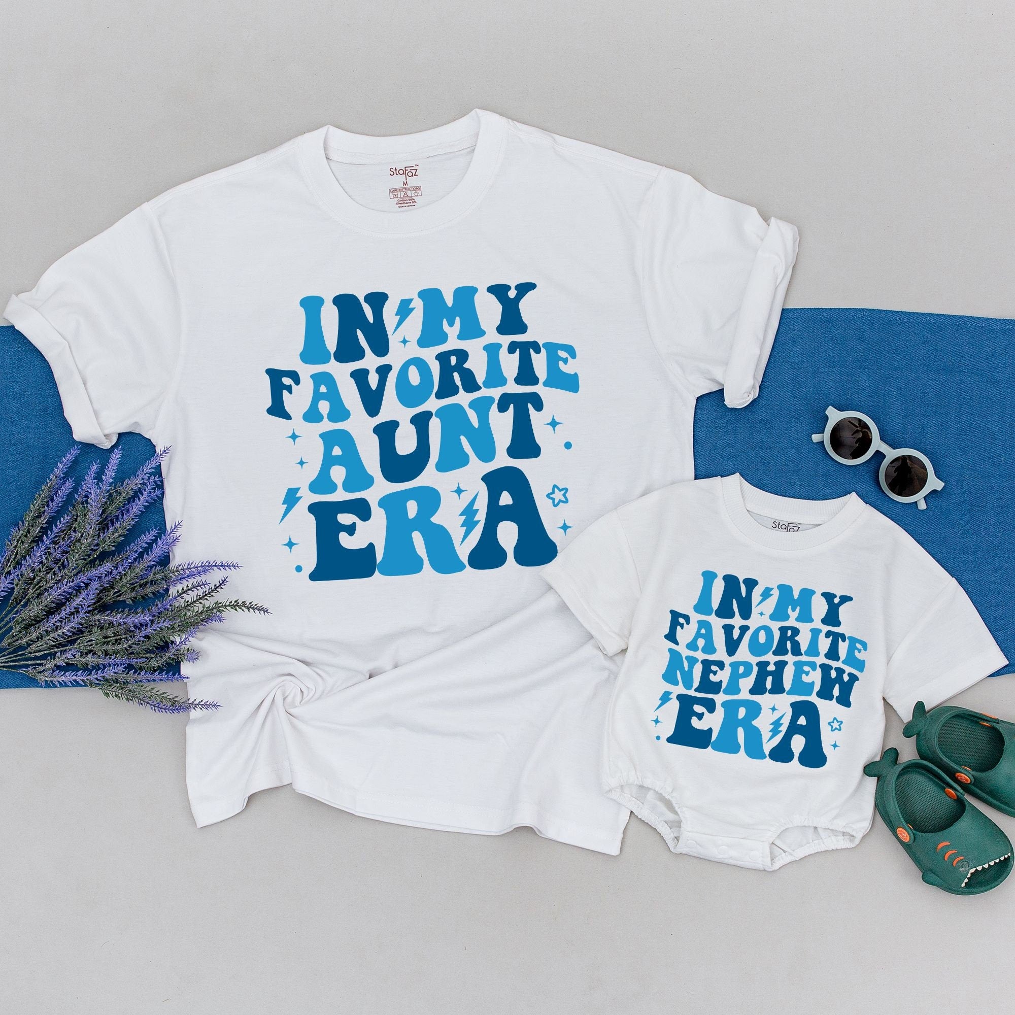 Personalized Aunt and Nephew Matching Shirts Bright Blue Playful Design Fun Family Outfit Custom Names Gift for Aunt and Nephew