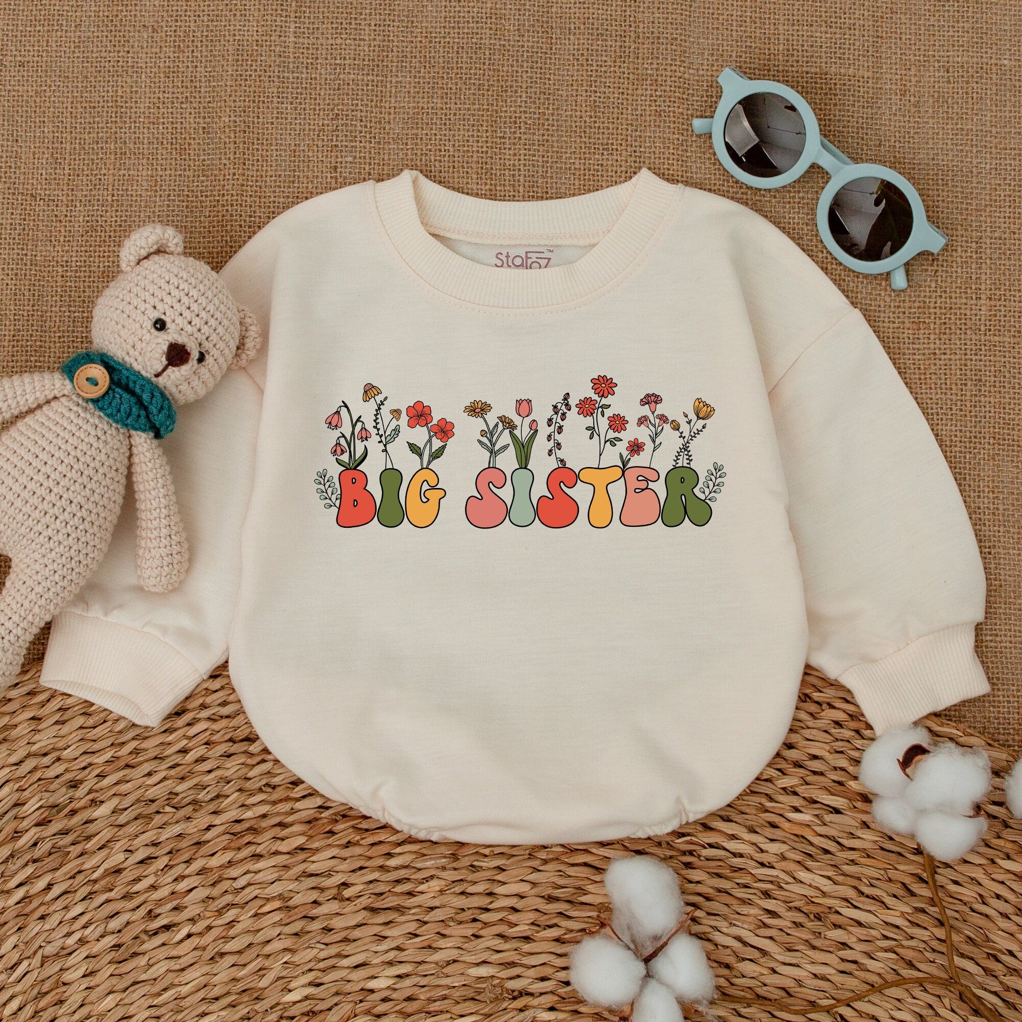 Big Sister Baby Romper in Bold Playful Colors with Floral Motifs Infant Girl Outfit for Pregnancy Announcement or Baby Shower Gift