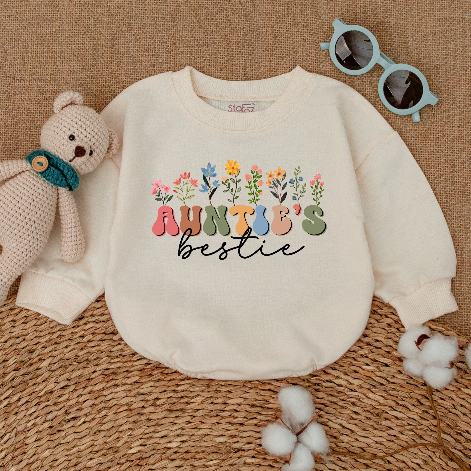 Auntie's Bestie Baby Romper Colorful Floral Design Newborn Gift Soft Cotton Outfit Perfect for Aunt Niece Matching Birthday Party Wear