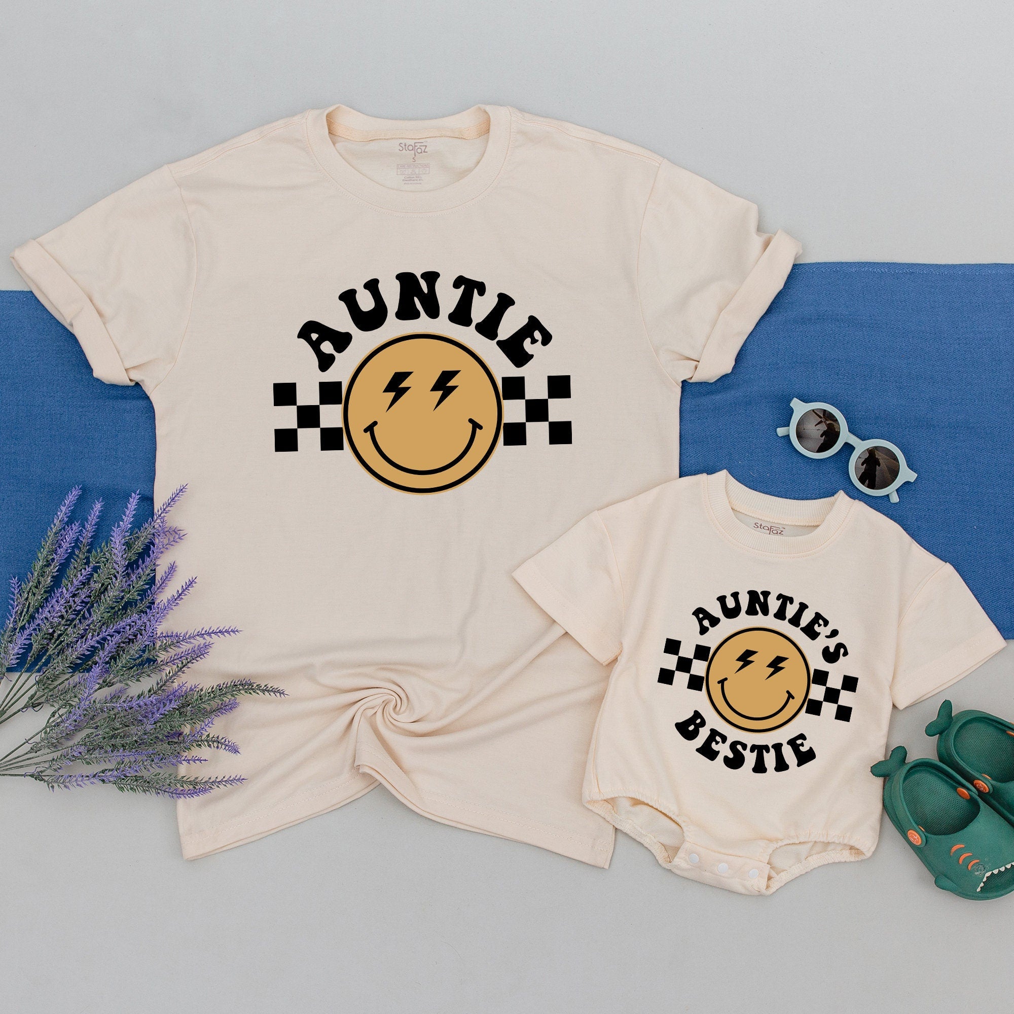 Custom Family Matching Retro Tee with Name - Auntie & Bestie Twinning
