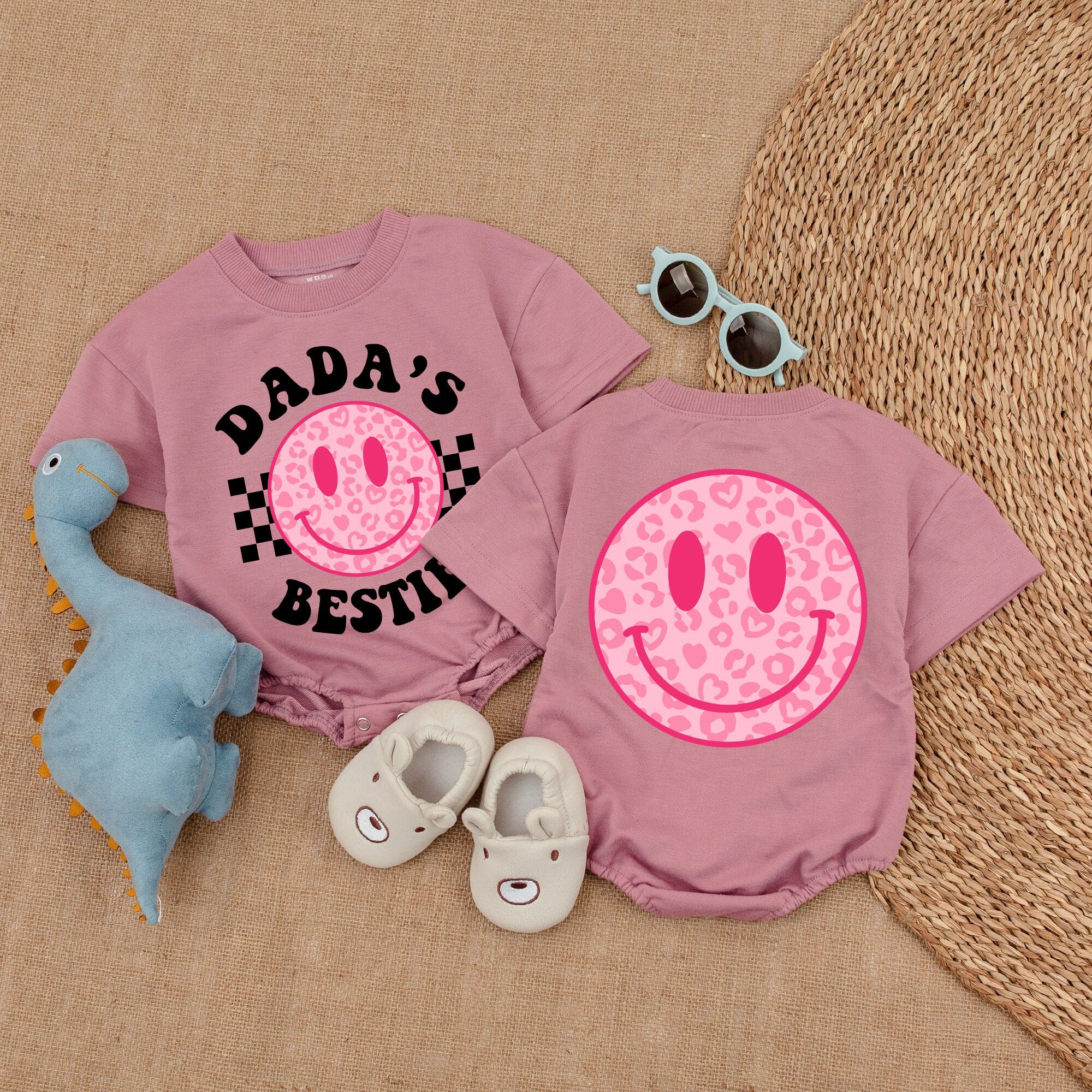 Dada's Bestie Pink Smiley Romper Baby Girl Outfit Leopard Print Checkerboard Graphic Fun Gift Birthday Holiday Cotton Soft Comfortable