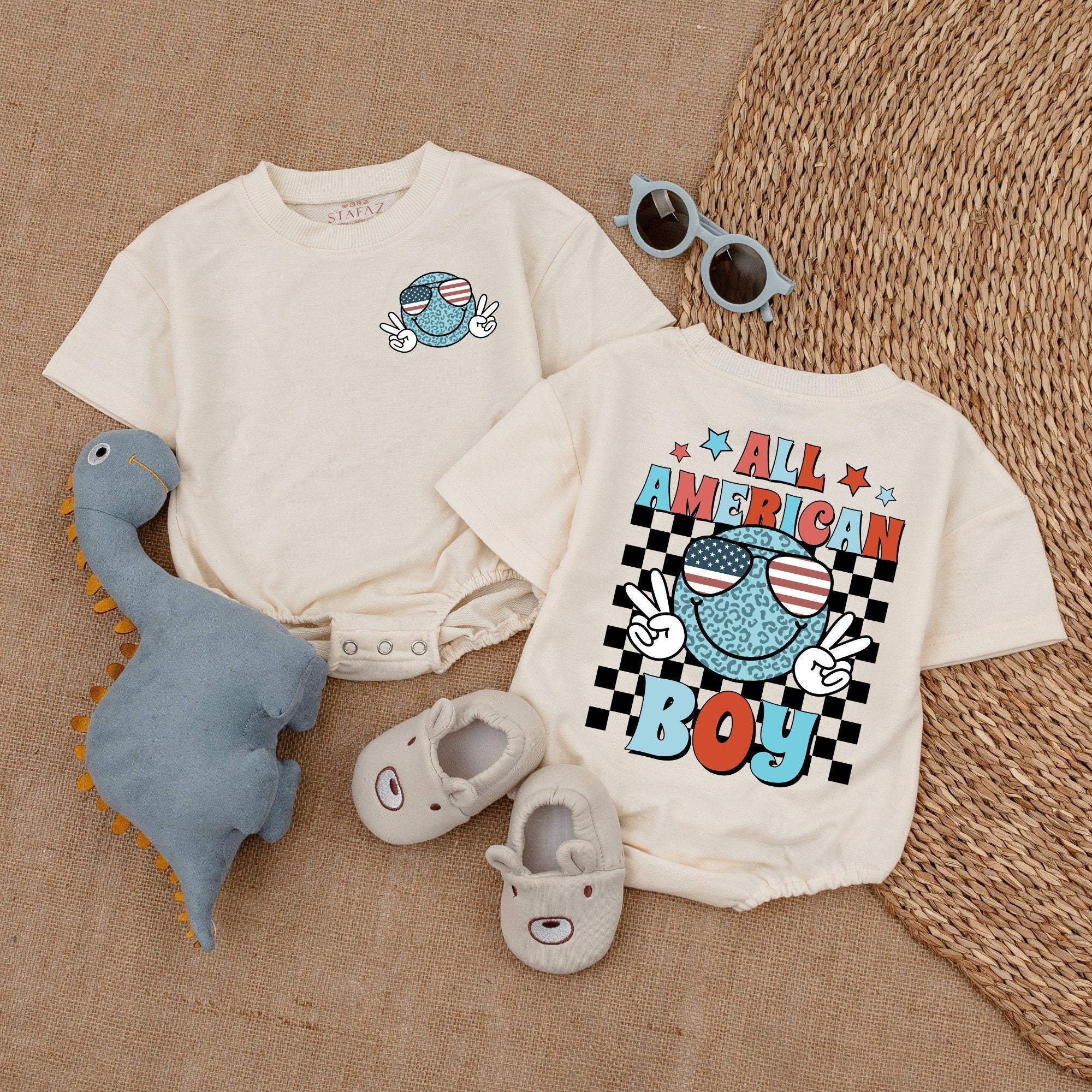 All American Boy Retro Romper Smiling Face Sunglasses Peace Sign Baby Summer Outfit Patriotic Stars Birthday Holiday Fun