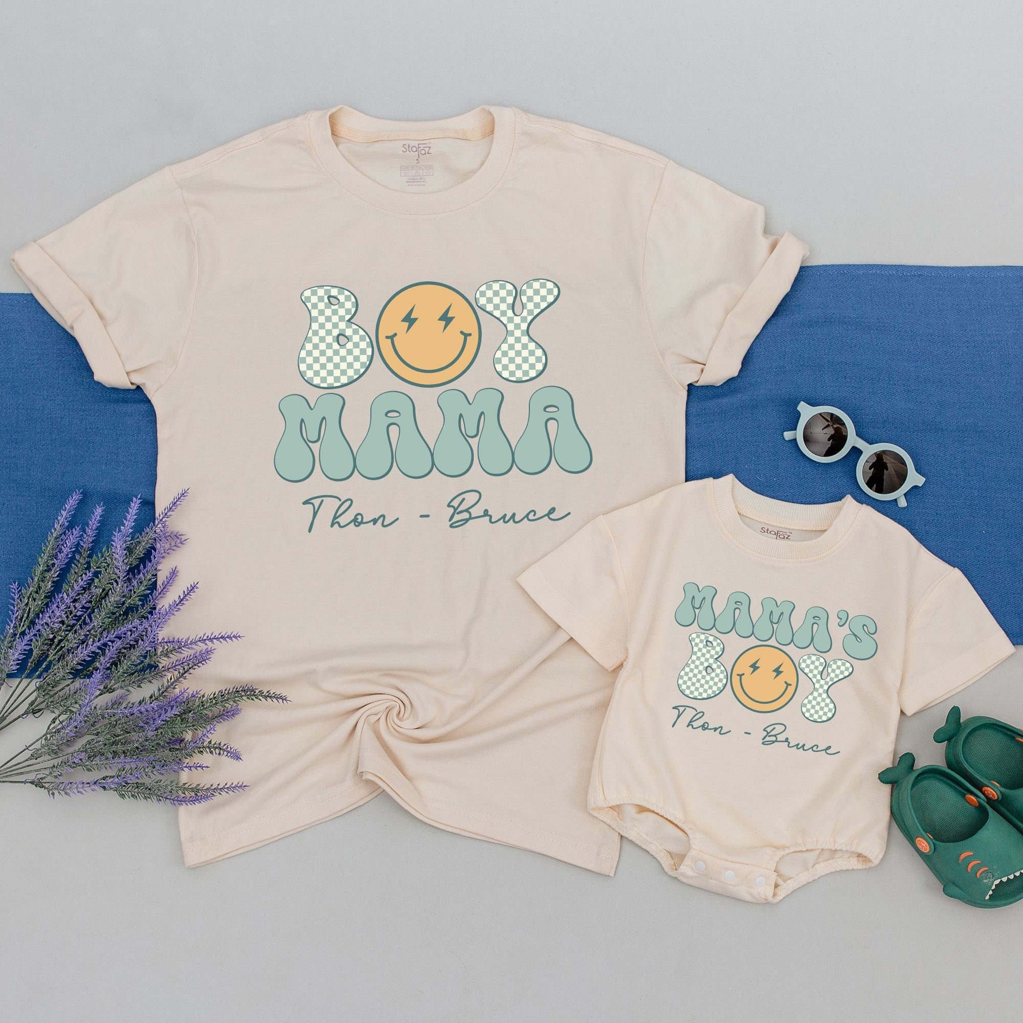 Personalized Boy Mama and Mama's Boy Shirts Cute Retro Design Matching Outfits Custom Names Soft Cotton New Mom Gift Baby Shower