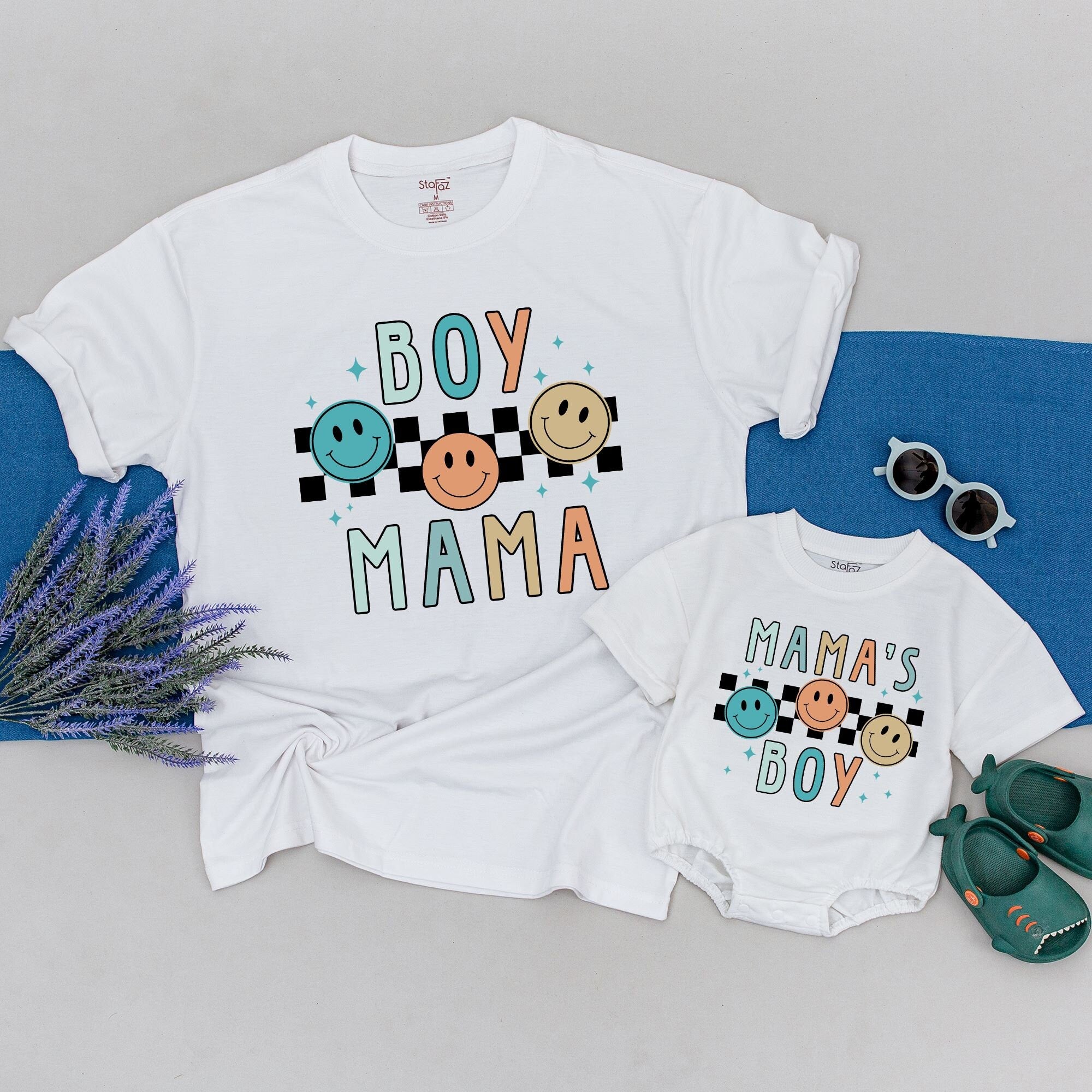 Boy Mama and Mama's Boy Matching Shirts with Colorful Smiley Faces Fun Family Outfit Toddler Tee Comfortable Gift for New Moms