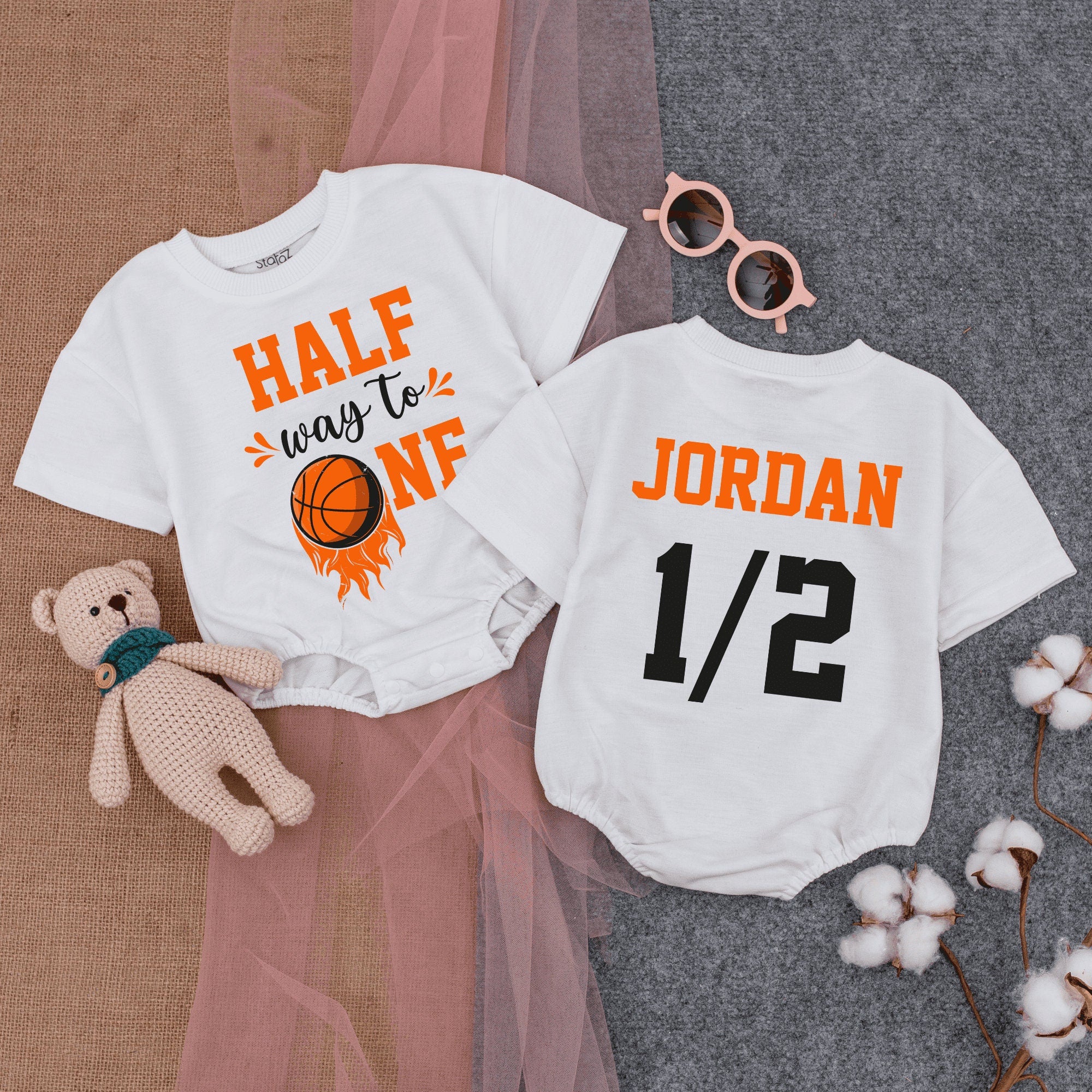 Halfway to One Romper Basketball Theme Baby Outfit Sporty 1/2 Birthday Celebration Vibrant Cotton Comfortable Infant Gift