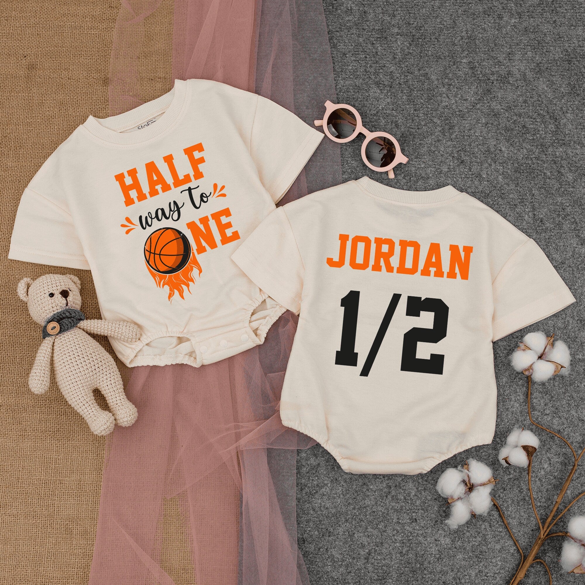 Halfway to One Romper Basketball Theme Baby Outfit Sporty 1/2 Birthday Celebration Vibrant Cotton Comfortable Infant Gift