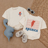 Custom Baby Boy Patriotic Romper with Retro Lightning Bolt and America Print - Soft Cotton 4th of July Outfit for Newborns and Toddlers