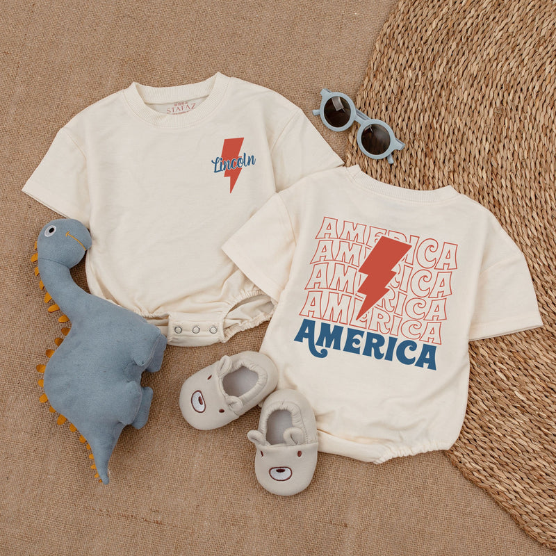 Custom Baby Boy Patriotic Romper with Retro Lightning Bolt and America Print - Soft Cotton 4th of July Outfit for Newborns and Toddlers