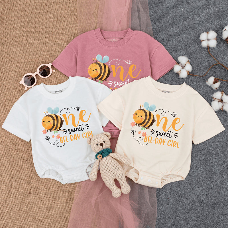 One Sweet Bee-day Girl Baby Romper with Honey Bee Graphic, Custom First Birthday Outfit, Soft Cotton Bodysuit for Summer Baby Gifts