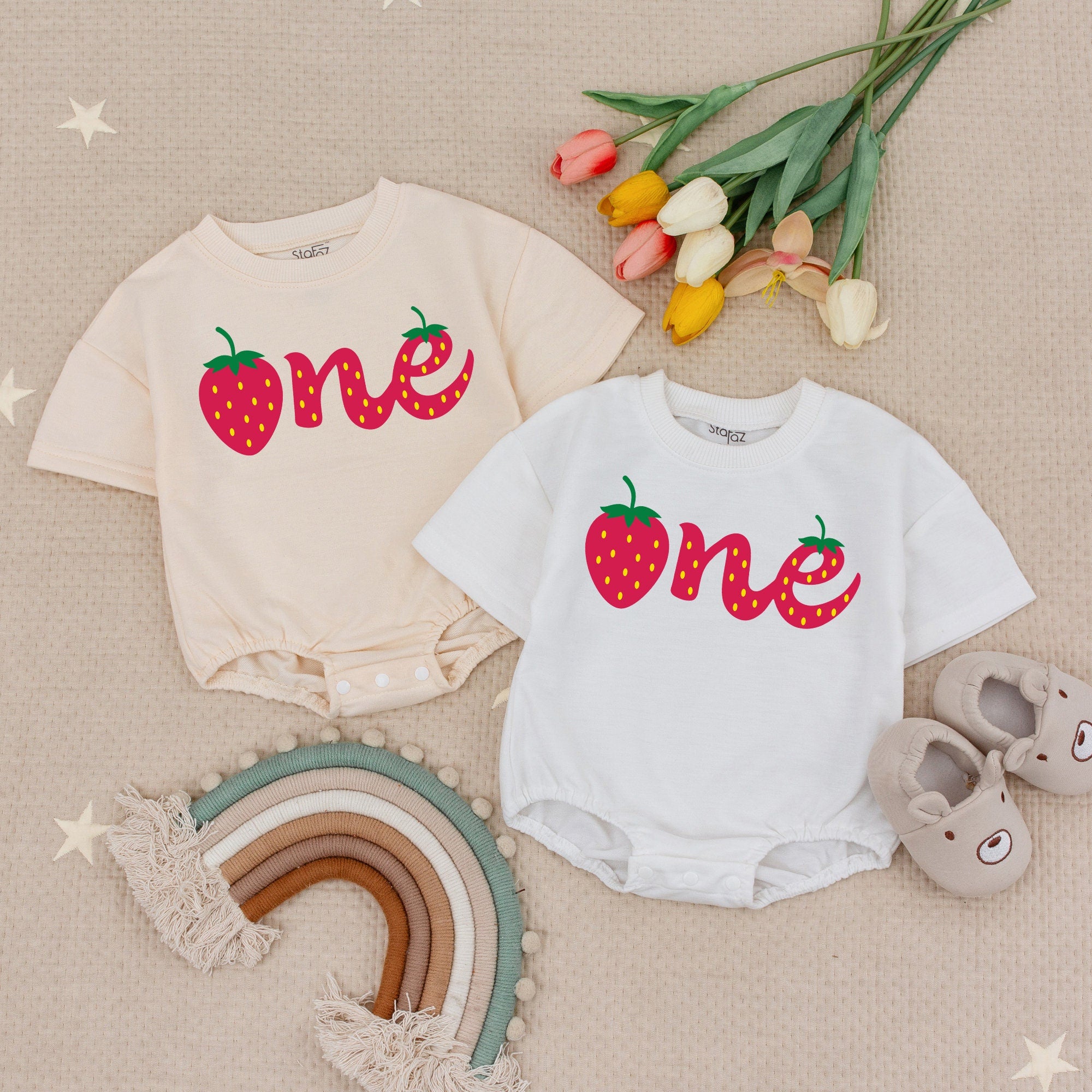 One Strawberry Cursive Baby Romper Playful First Birthday Outfit for Girl Toddler Party Wear Soft Cotton Short Sleeve Whimsical Design