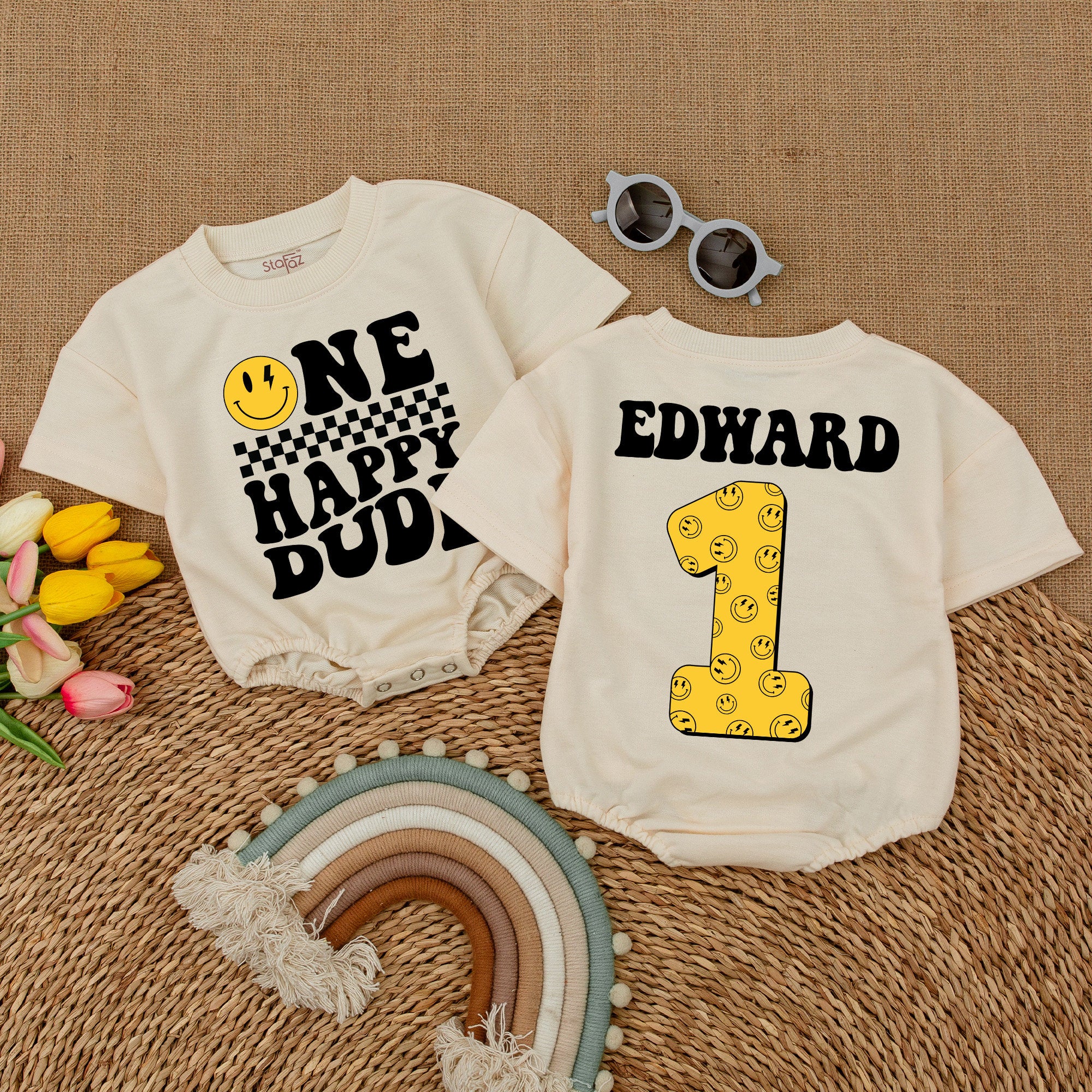 Custom Happy Dude Romper with Name - First Birthday Fun