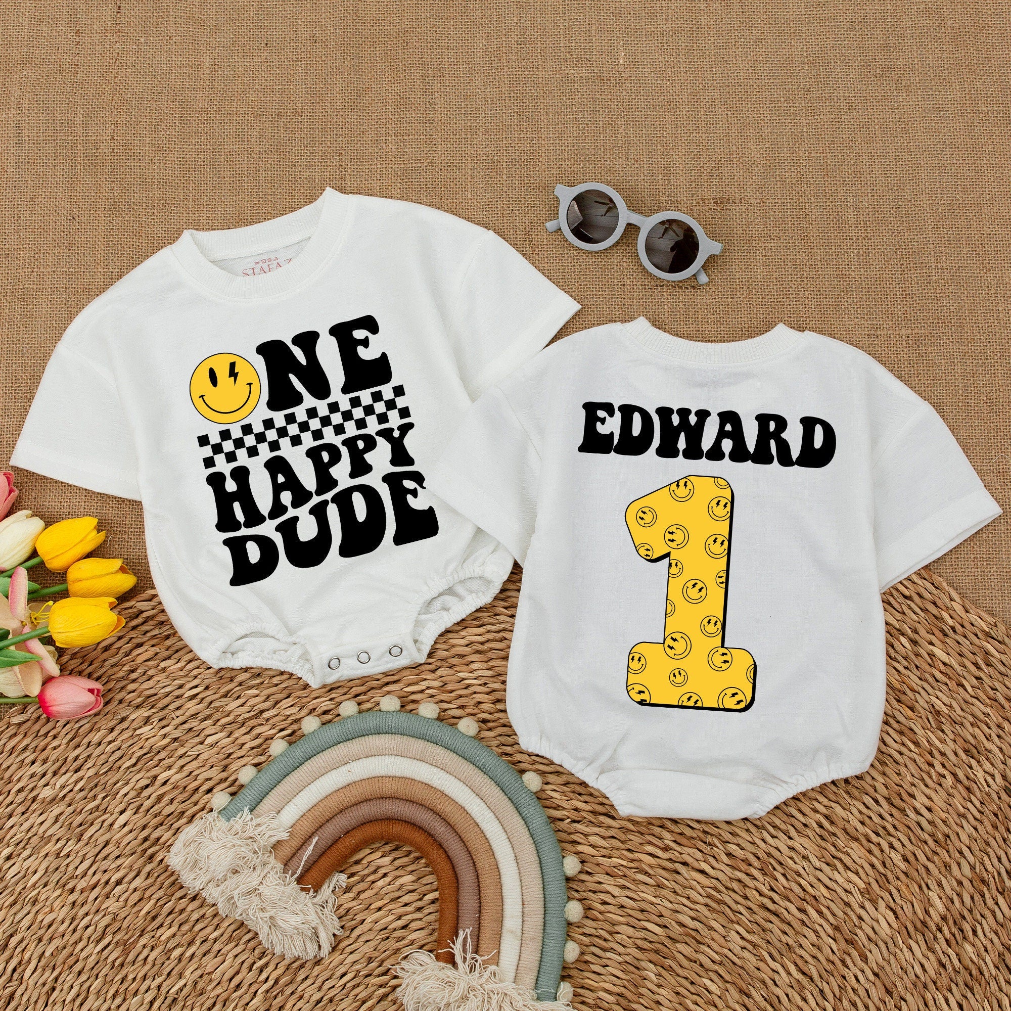 Custom Happy Dude Romper with Name - First Birthday Fun